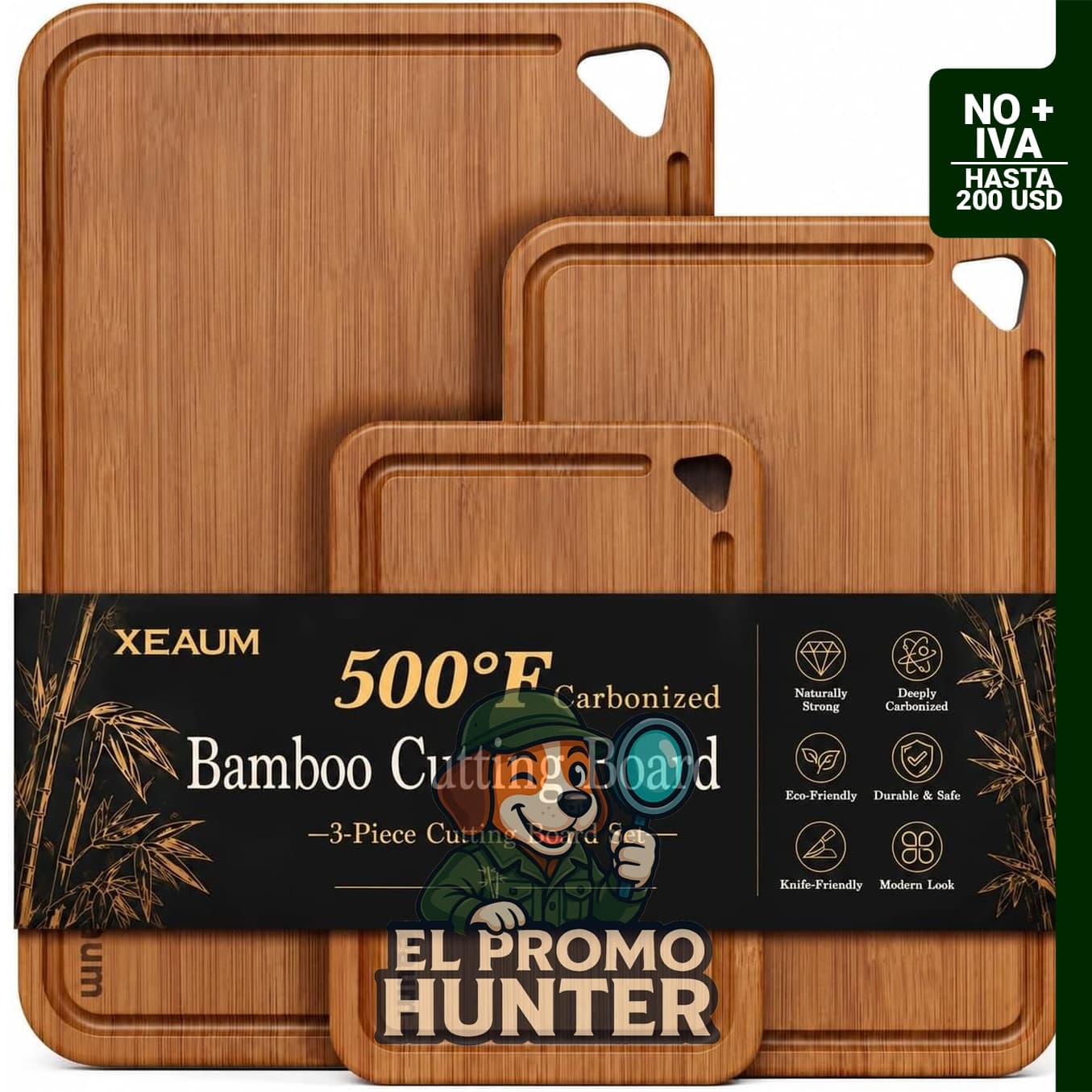 Tabla de cortar de bambú, set de 3 piezas para cocina.