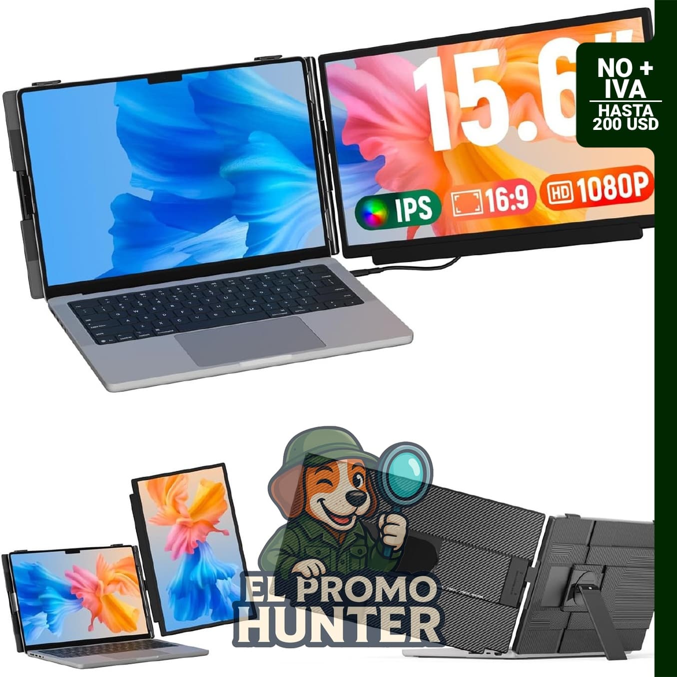 FLYTOCCA Extensor de pantalla para laptop, pantalla IPS FHD 1080P de 15.6" (39.6 cm), segundo monitor desmontable.