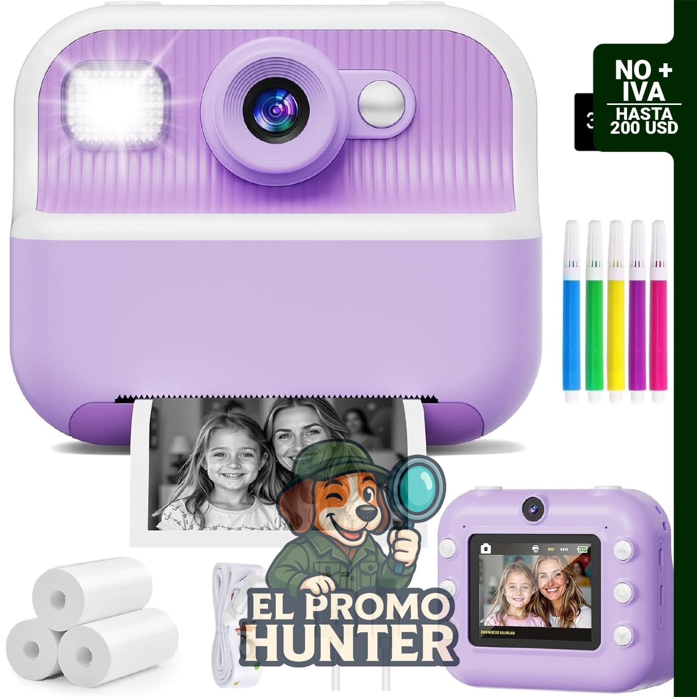 Cámara instantánea para niños con selfie dual frontal y trasera, videos en 1080P.