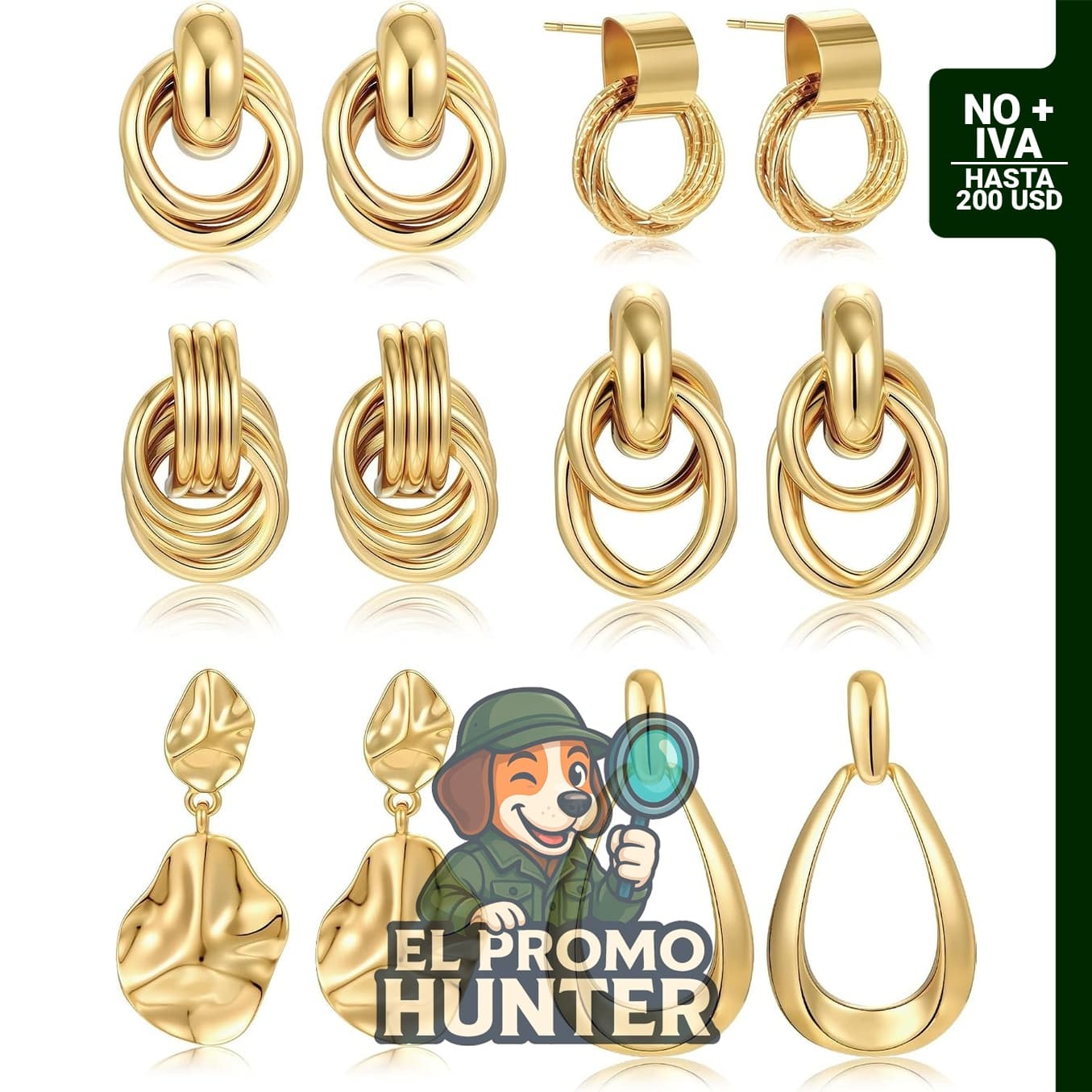 Pendientes de nudo grueso chapados en oro, 6 pares para mujer.