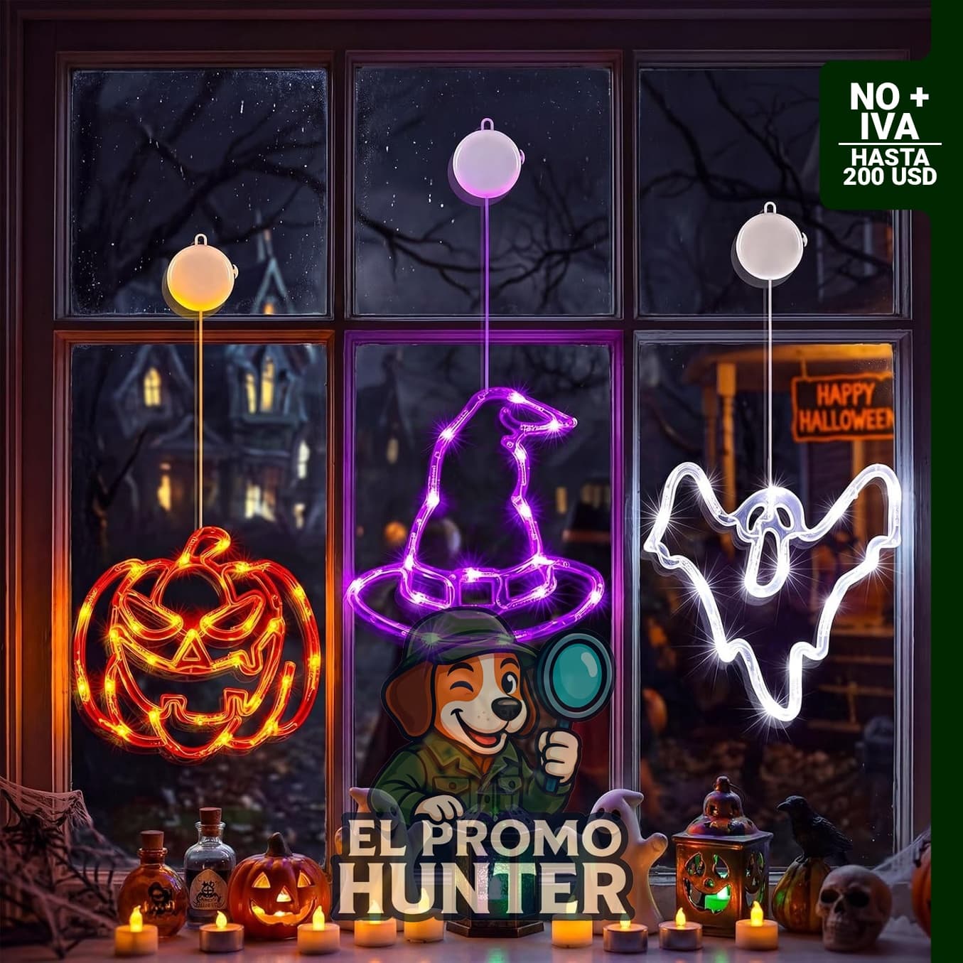 Paquete de 3 luces decorativas de Halloween para ventanas con diseño de calabaza y fantasma.
