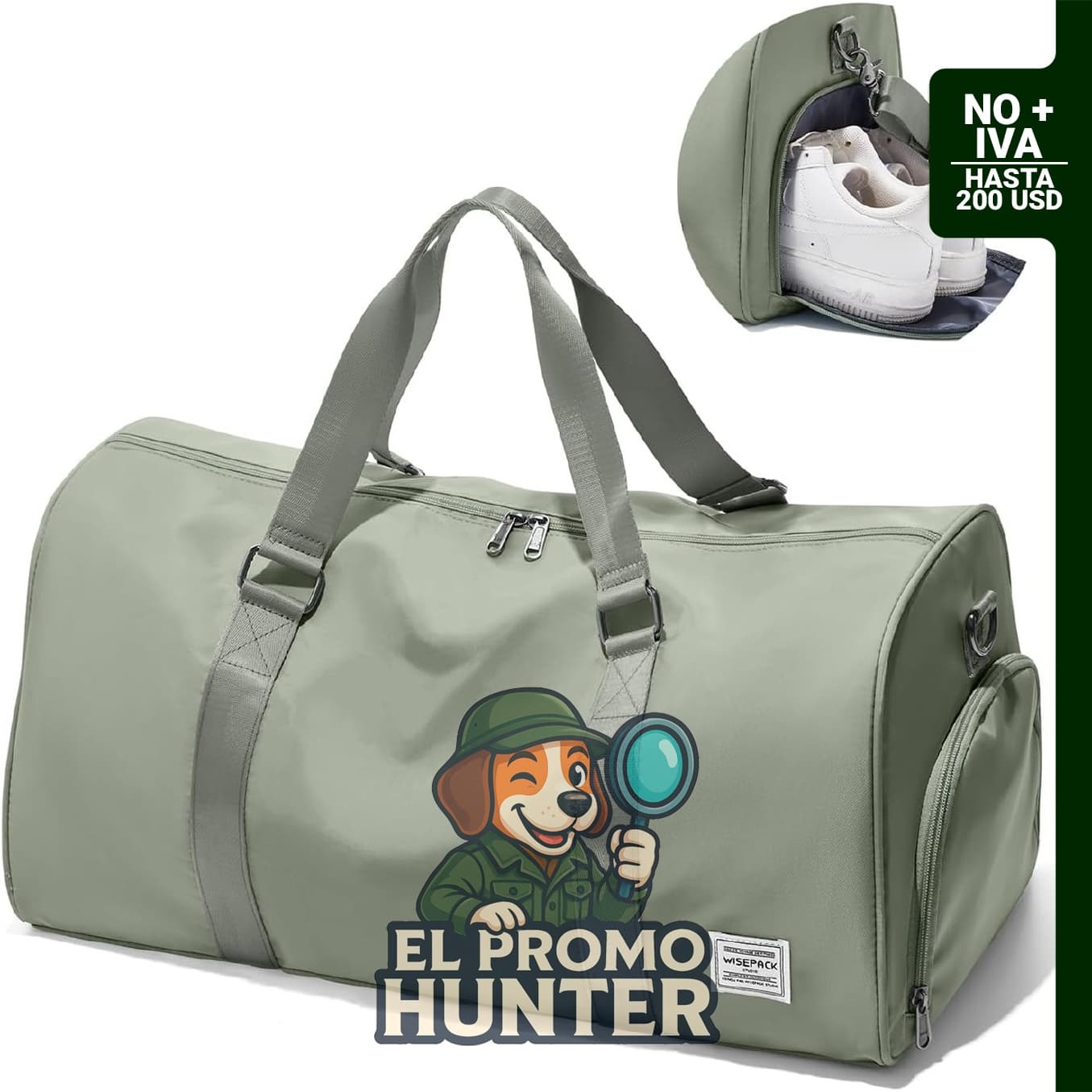 Bolsa de lona de viaje D9-Gris Verde para mujer, con compartimento para zapatos.