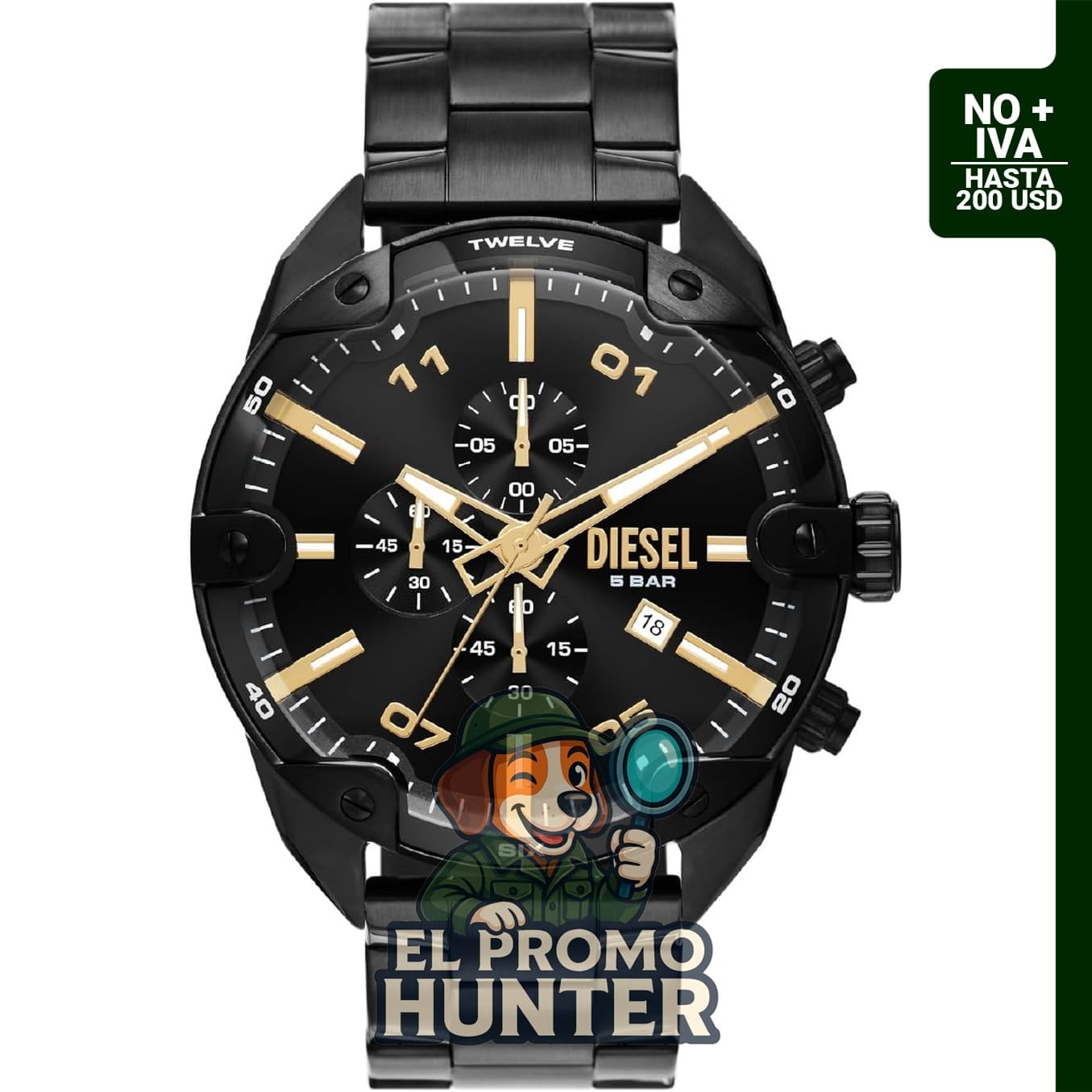 Reloj cronógrafo Diesel DZ4644 de acero inoxidable con púas en color negro.