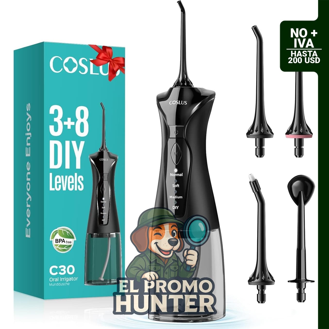COSLUS Irrigador dental inalámbrico con tanque de 300 ml, 4 modos y certificación IPX7.