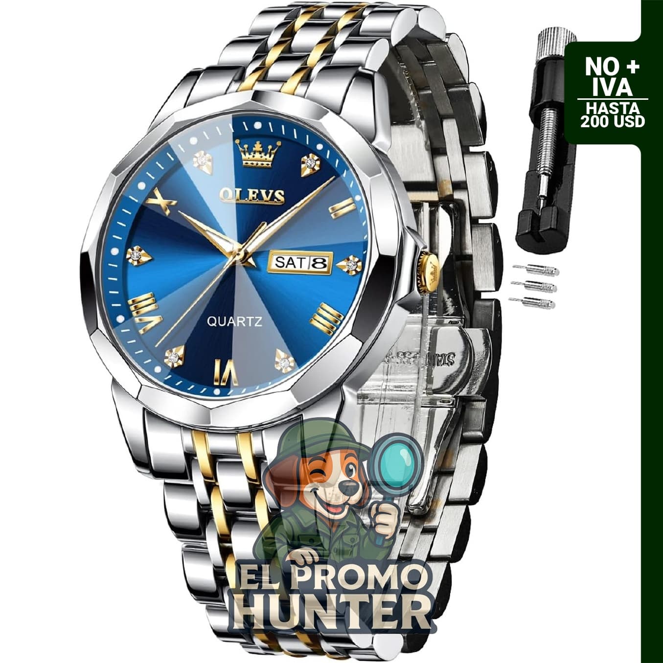 OLEVS Reloj analógico para hombre de acero inoxidable con diamantes, impermeable y luminoso.