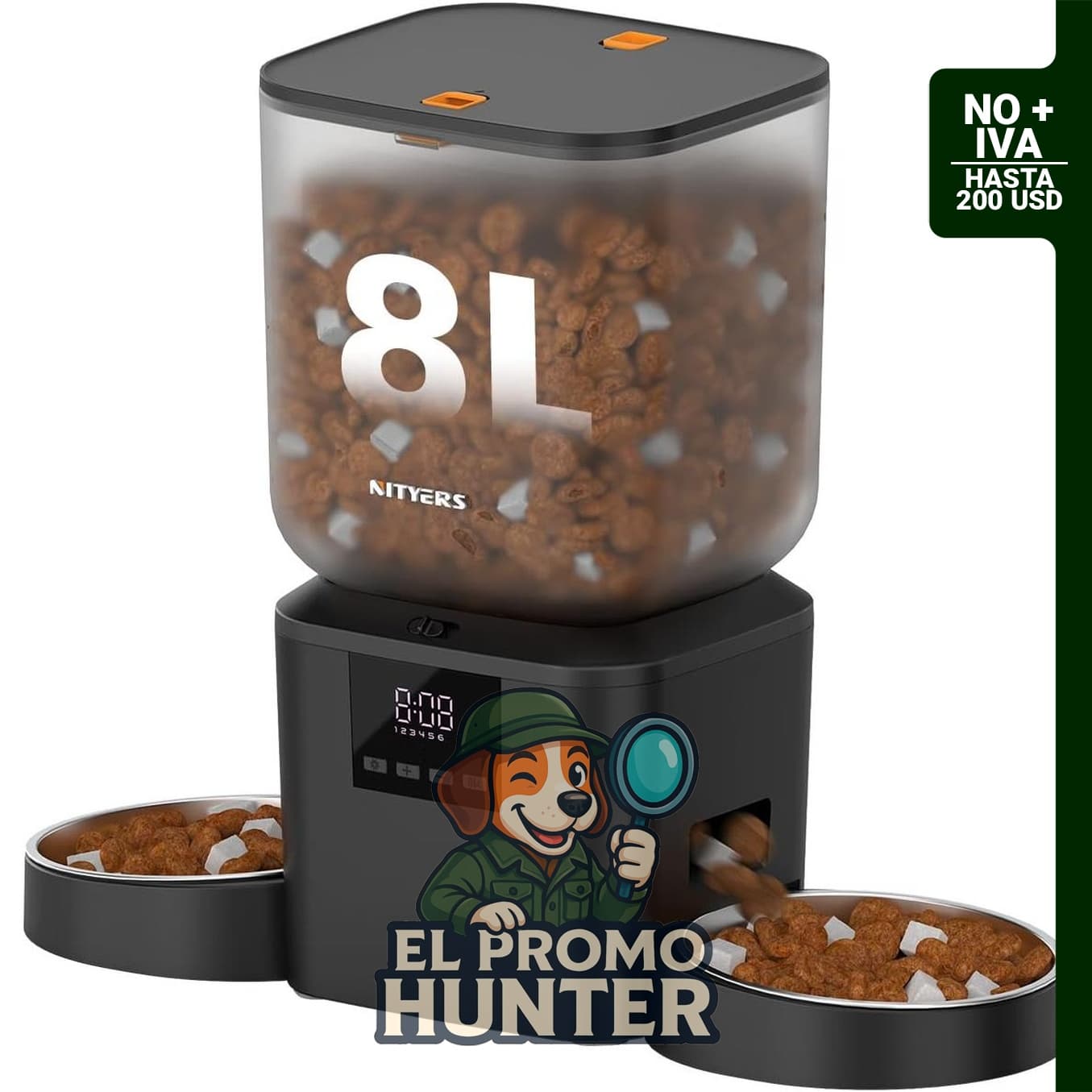 Comedero automático doble para gatos y perros, capacidad de 8 L (34 tazas), adecuado para alimentos secos.
