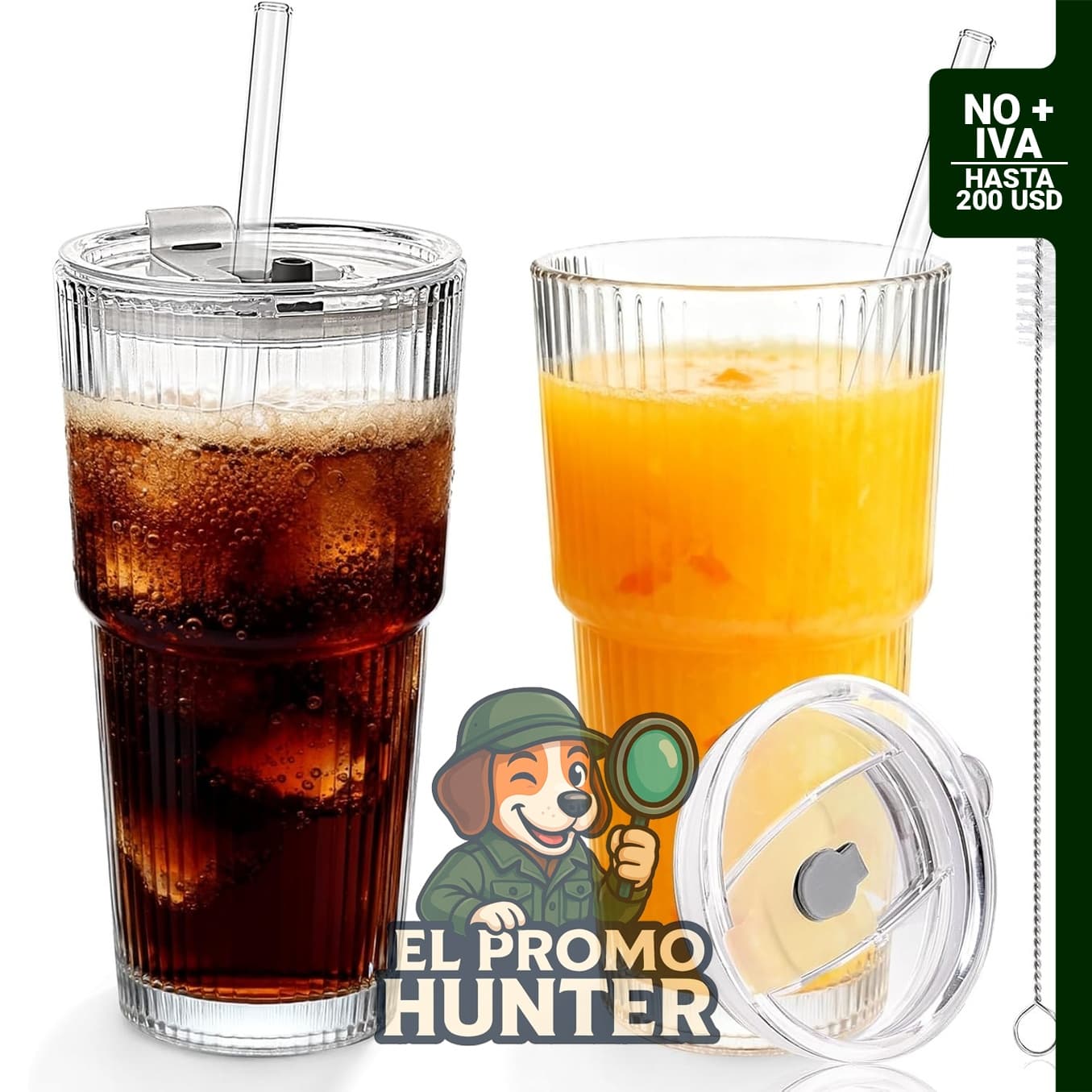 Juego de 2 vasos de vidrio acanalados de 20 oz con tapas y pajitas para café frío.