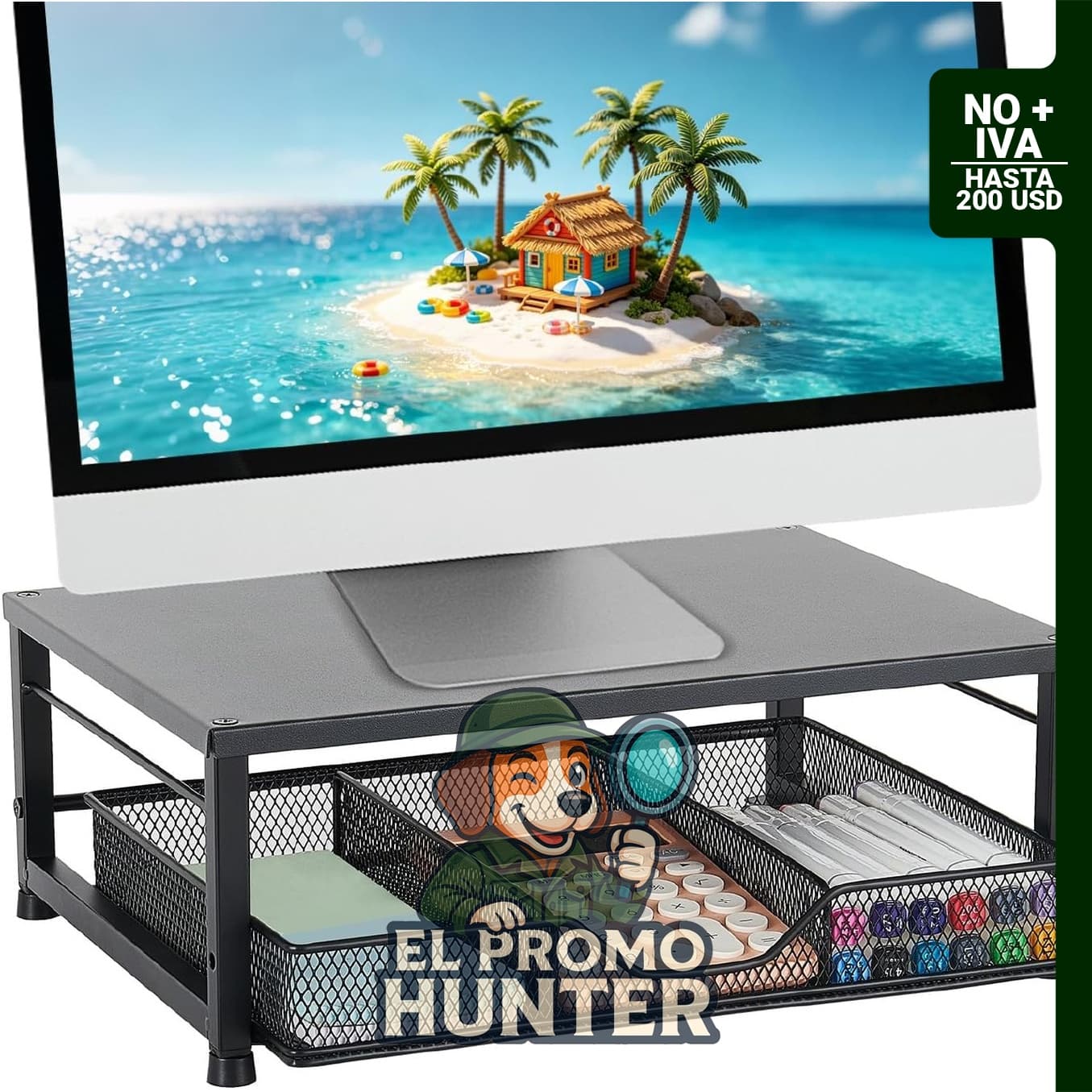 Soporte pequeño para computadora portátil con cajón, elevador de monitor y accesorios de escritorio.