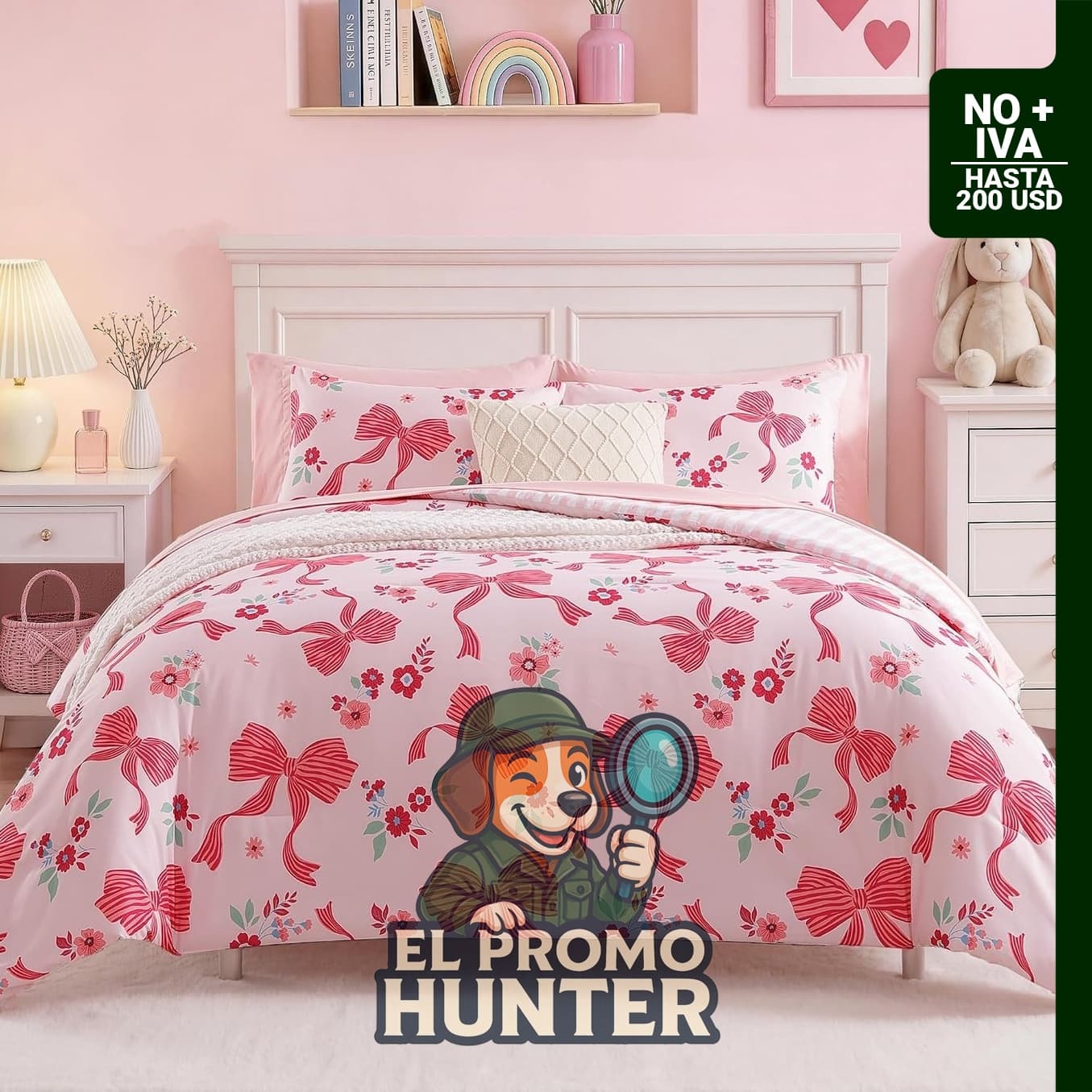 AMBERSPACE Juego de ropa de cama con edredón individual XL para niñas, color rosa con diseño de lazos y flores.