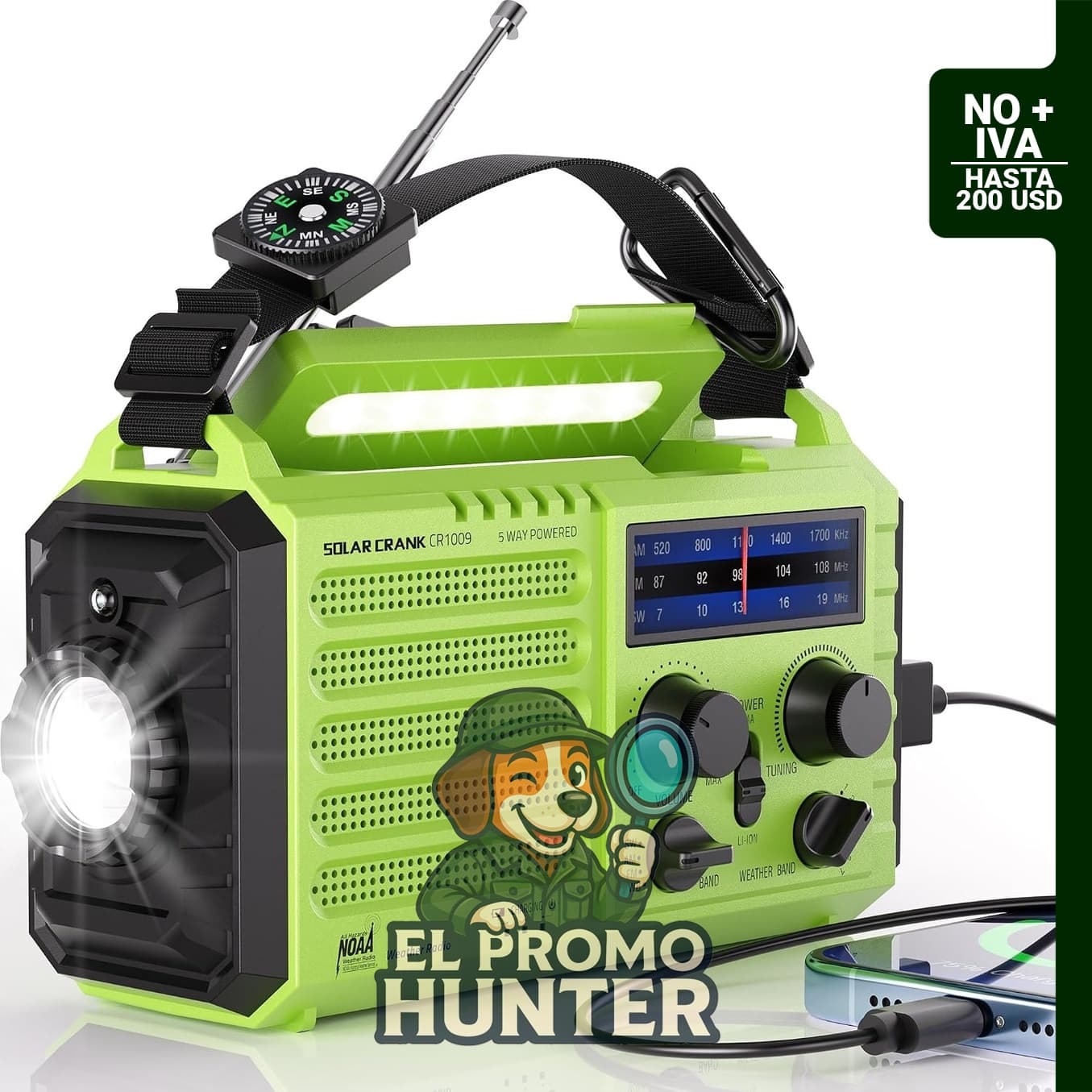 Radio meteorológica de emergencia con pilas de 5000 mAh y 18500 mWh, con manivela solar.