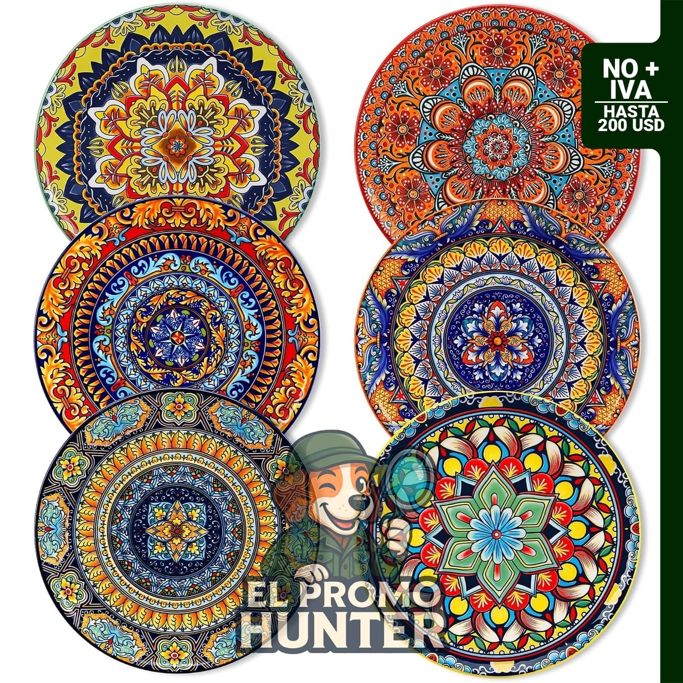 Juego de 6 platos de postre coloridos de cerámica.