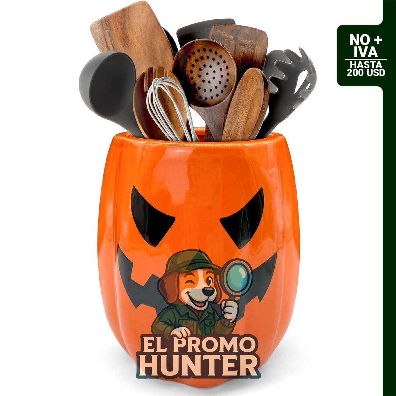 Soporte de cerámica para utensilios de cocina en forma de calabaza de Halloween.