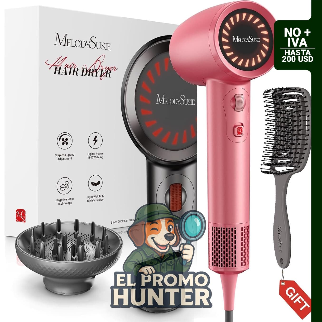 MelodySusie Secador de pelo iónico de 1600 W con difusor y boquilla, 120,000 rpm.