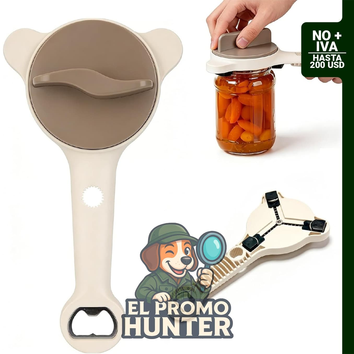 Abridor de tarros manual para botellas y latas, diseñado para facilitar el uso a personas mayores con manos débiles.