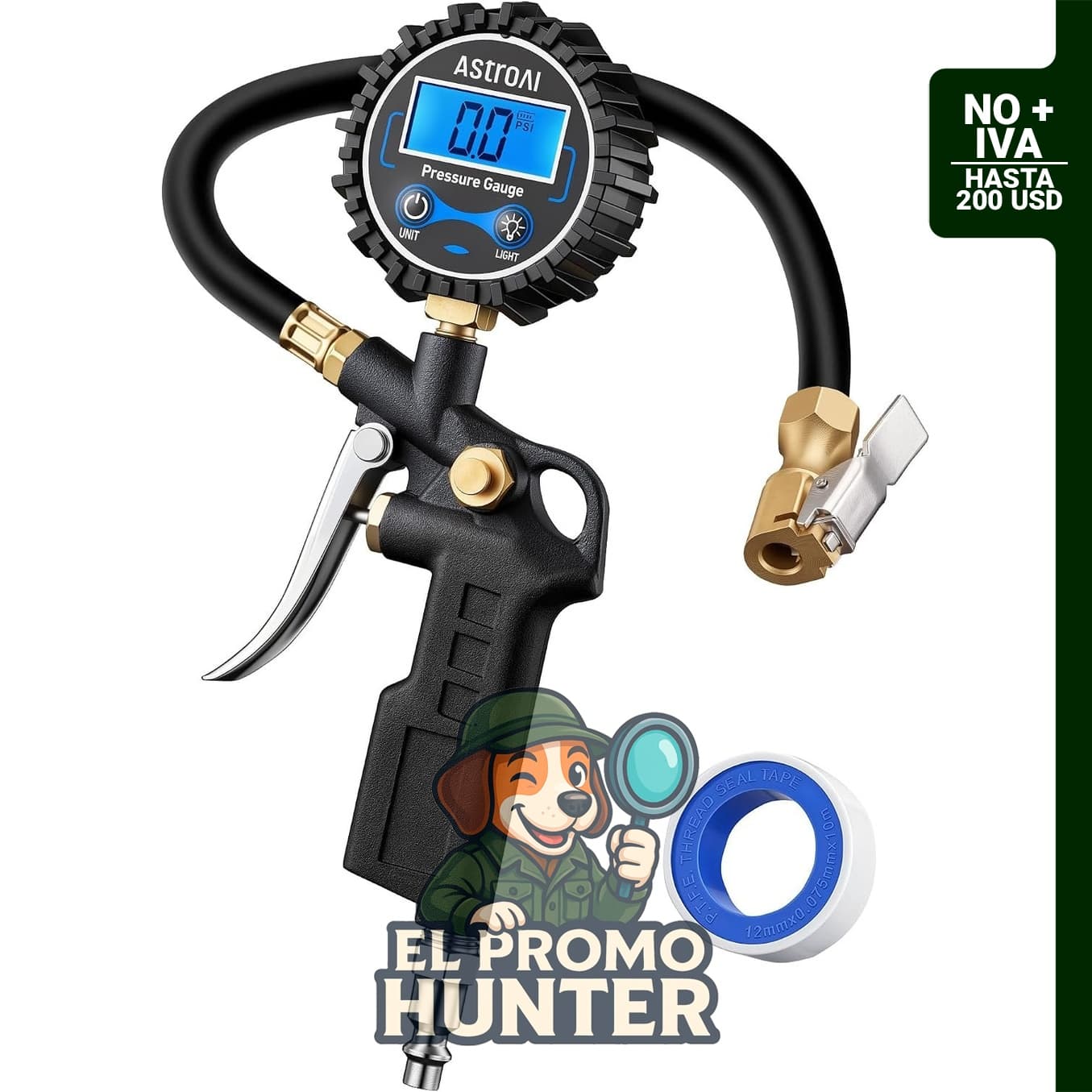 AstroAI Medidor digital de presión de neumáticos con inflador, mandril de aire de 3-250 PSI.