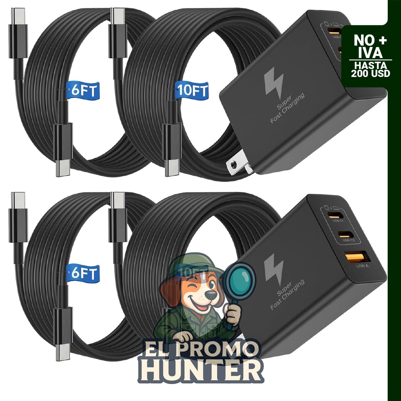 Cargador USB C de 65 W con cable USB C a C de 1.83 m y 3.05 m, compatible con dispositivos Android.