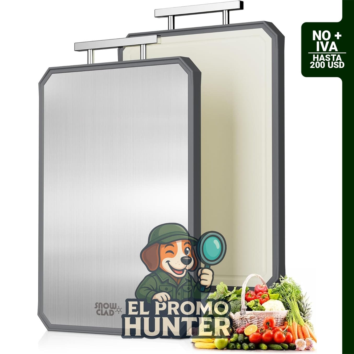 Tabla de cortar de acero inoxidable SNOWCLAD, doble cara, 40.6 x 27.9 cm, apta para carne, sin toxicidad.