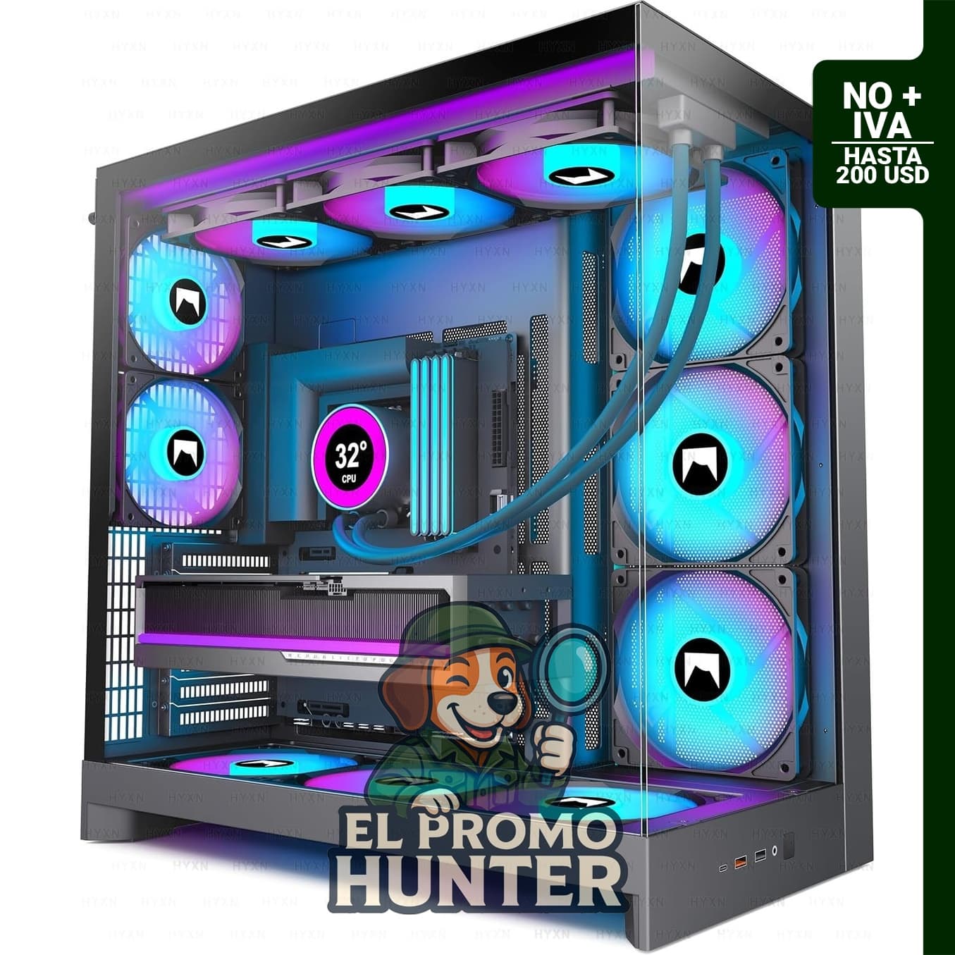 H2 (2026) HYXN ATX Funda para PC, carcasa de media torre ATX con 8 ventiladores PWM ARGB preinstalados.
