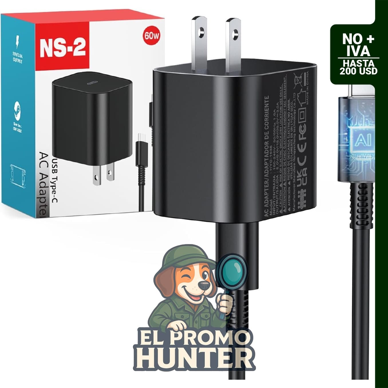 Cargador de 60W para Nintendo Switch 2, adaptador de corriente con carga rápida PD 3.0, cable desmontable de 5 pies.