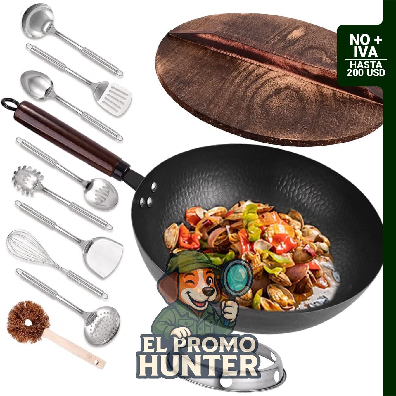 Leidawn Wok de acero al carbono de 12.8" (32.5 cm), incluye 11 piezas.