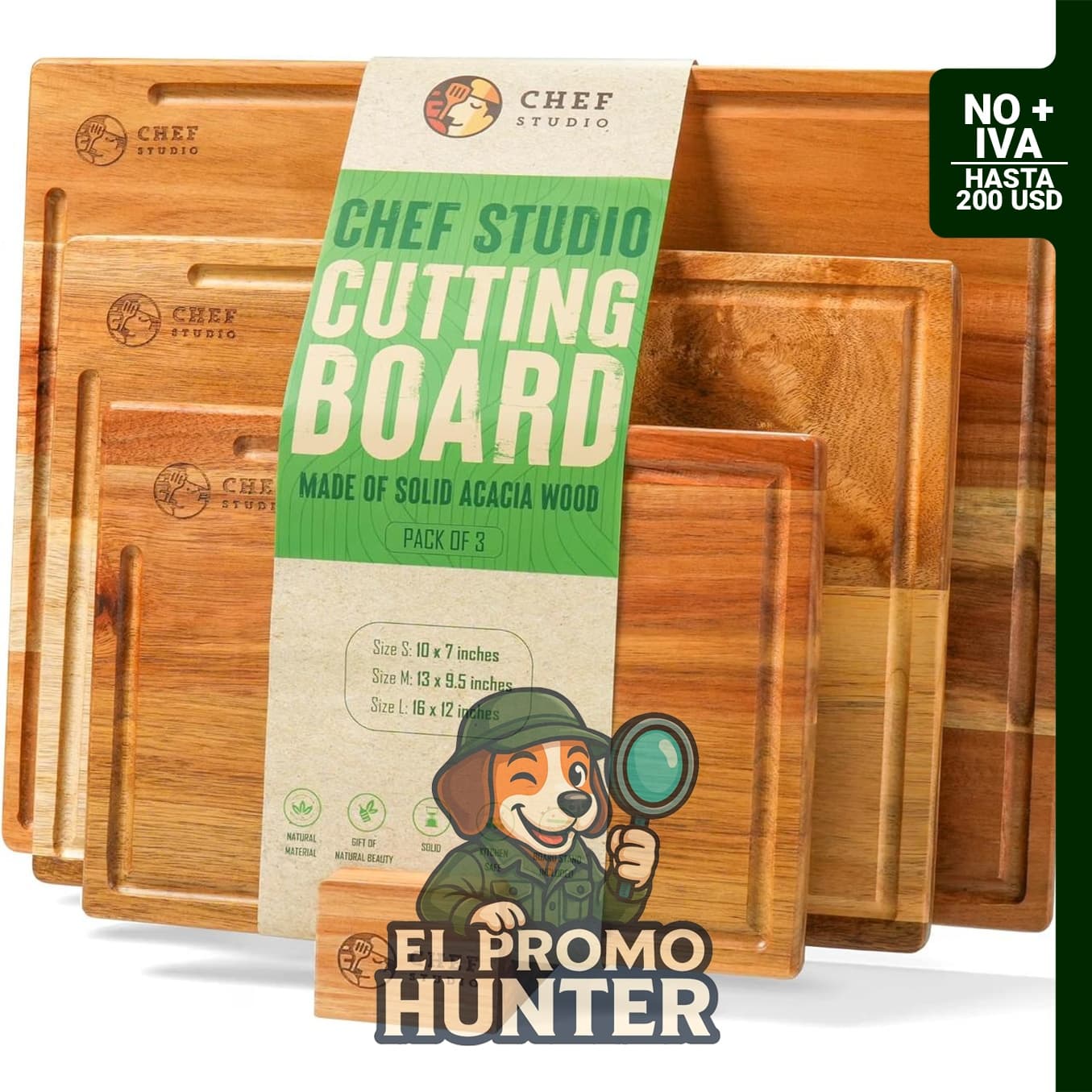Juego de 3 tablas de cortar de madera de acacia para cocina, aptas para cortar y servir.