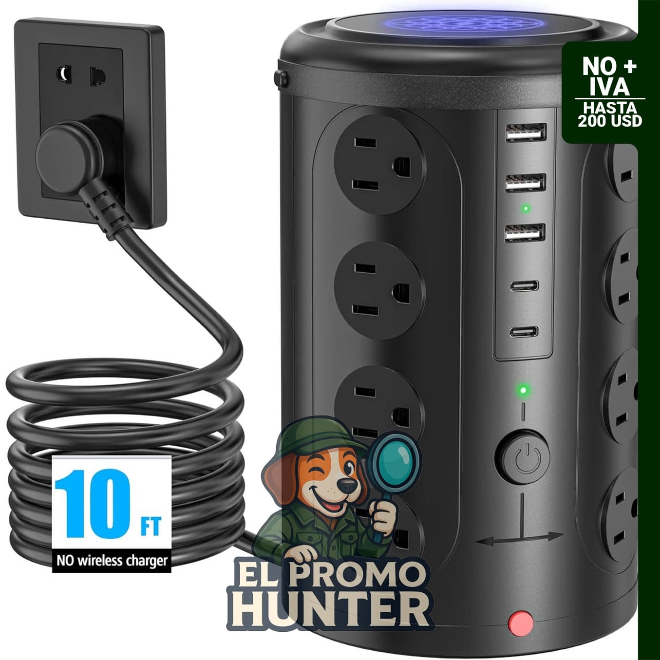 Regleta protectora UWIWUTEI con 16 tomas de corriente y 5 puertos USB (2 USB-C), cable de 3 m.