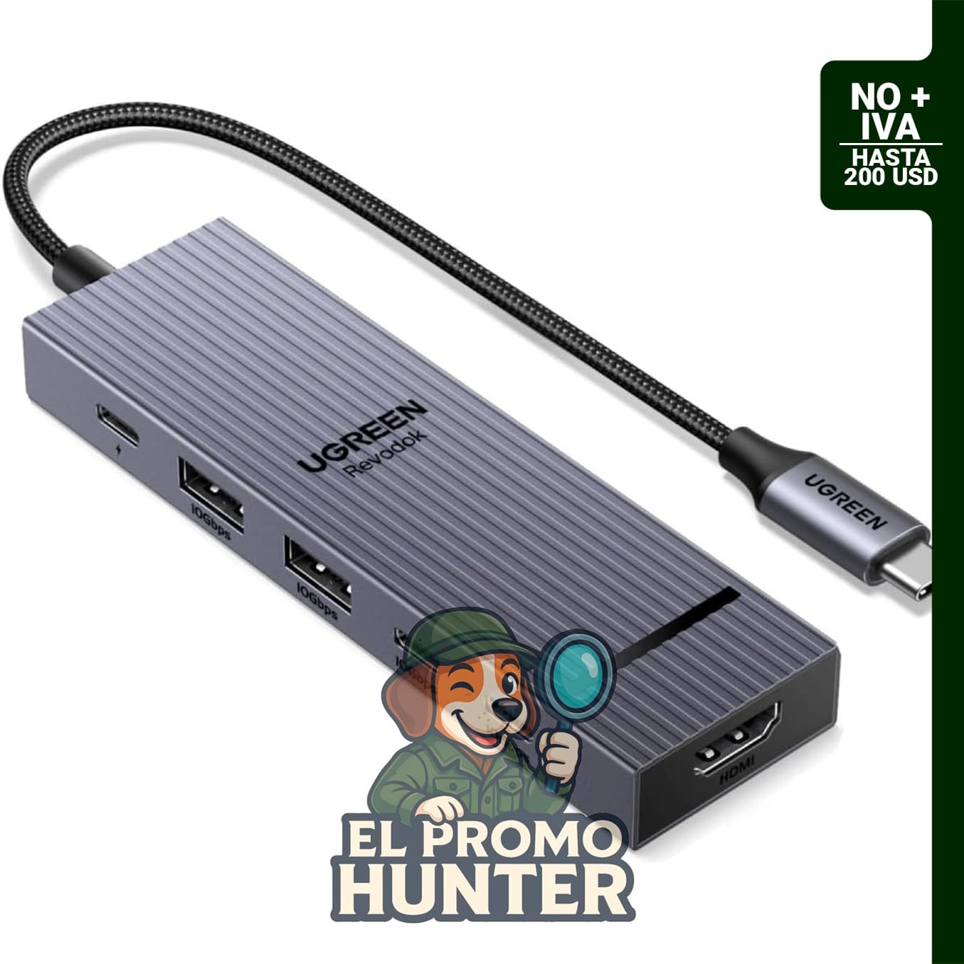 UGREEN Revodok Pro - Hub USB-C 6 en 1 con 10Gbps y salida HDMI 4K 60Hz, entrega de energía de 100W.