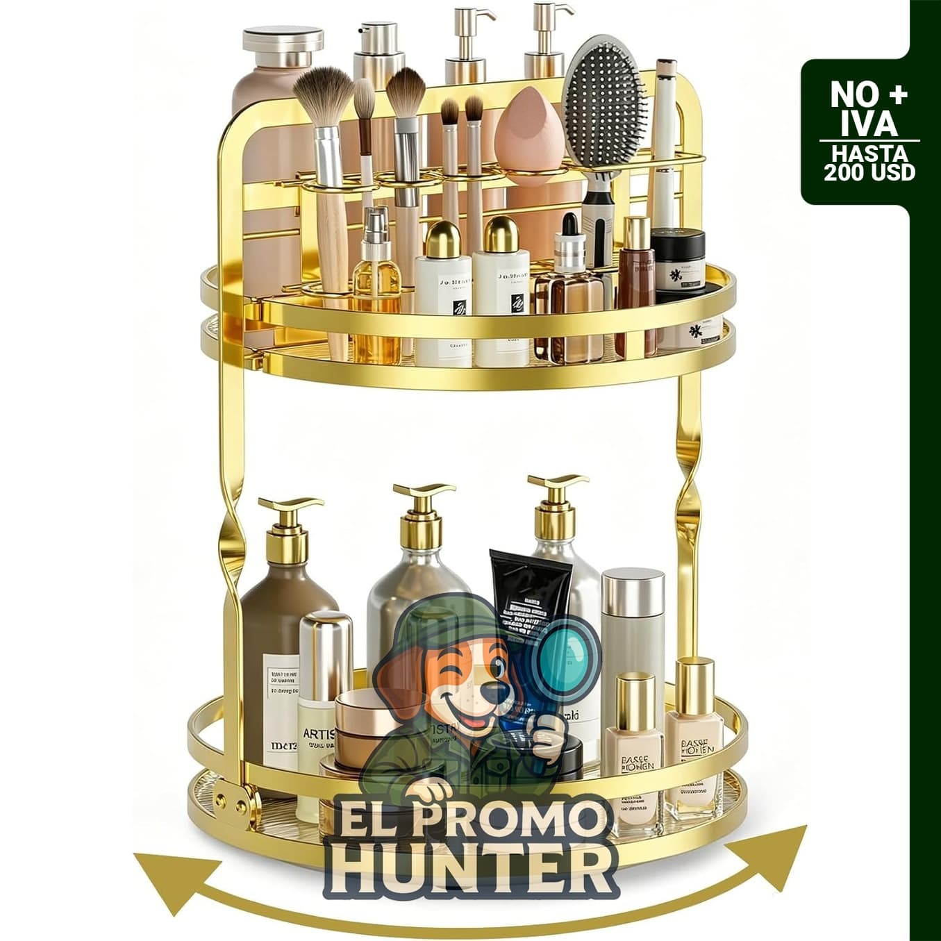 Organizador de maquillaje giratorio de 360°, dorado, 2 niveles, para tocador y baño.
