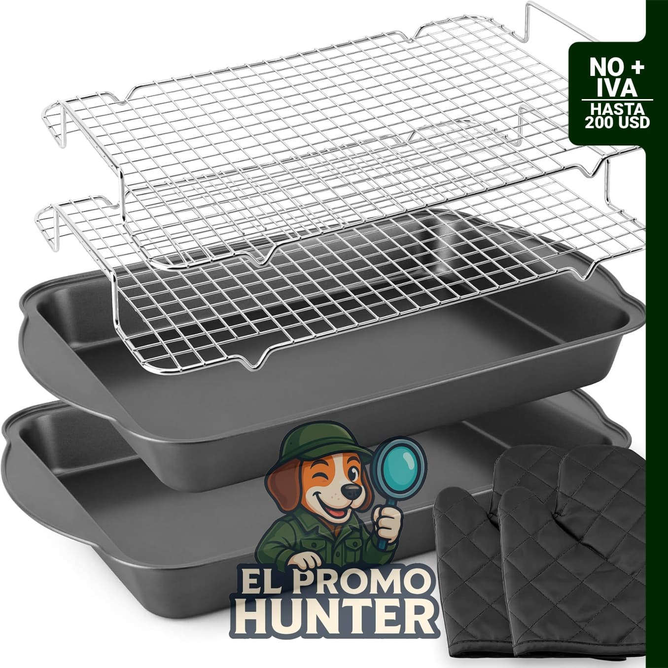Juego de 6 sartenes profundas para hornear de 17.5 x 9.4 pulgadas con estantes de enfriamiento y guantes de horno.