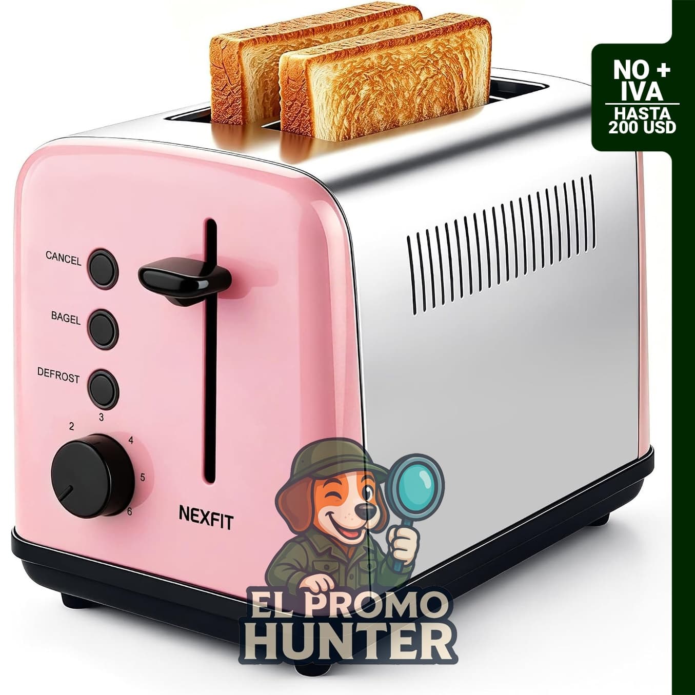 Tostadora de 2 rebanadas, 900W, acero inoxidable, ranuras anchas de 1.5"
