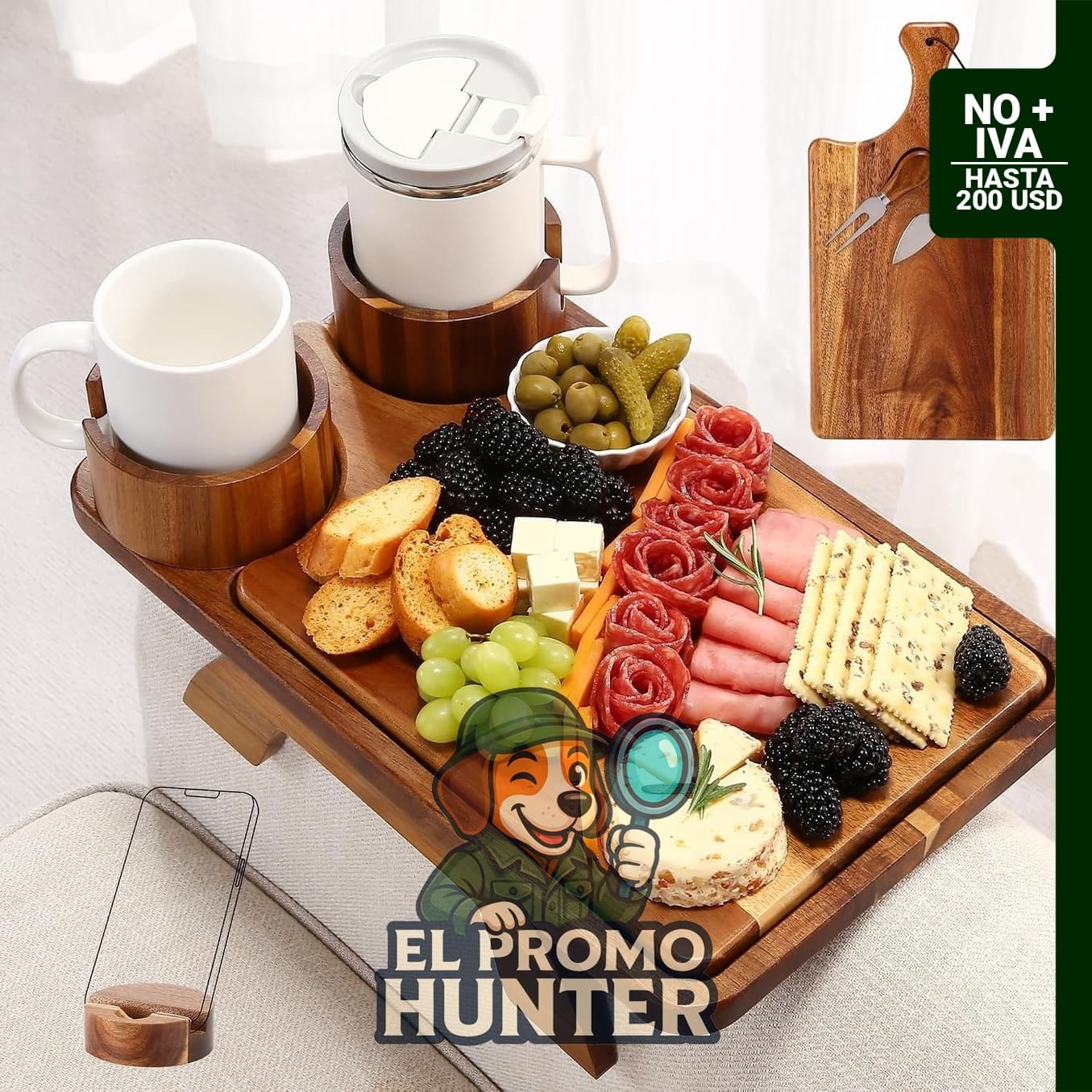 Mesa de sofá de acacia con tabla de charcutería, 15.7 x 9.8 in (40 x 25 cm)