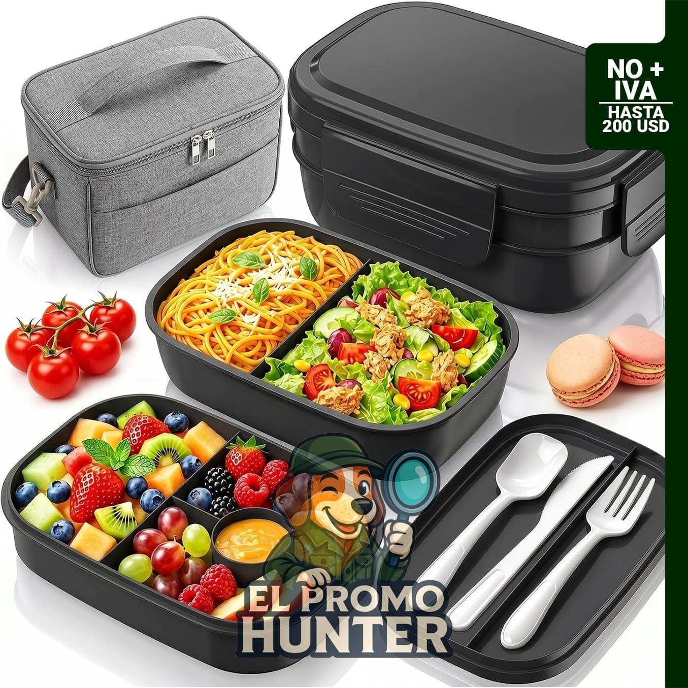 HOMETALL Lonchera Bento para adultos con 3 contenedores apilables a prueba de fugas y bolsa aislada.