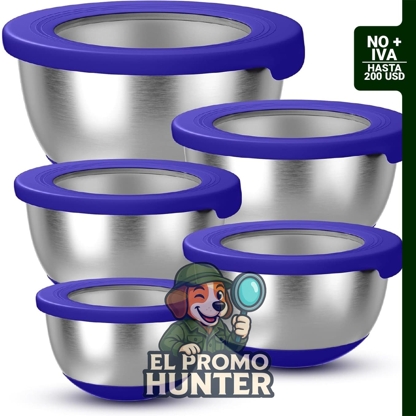 KITEISCAT juego de 5 tazones de acero inoxidable anidables con tapas para mezclar y almacenar alimentos.