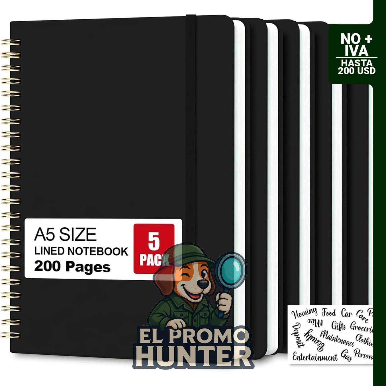 Cuaderno de espiral rayado A5, 100 hojas (200 páginas).