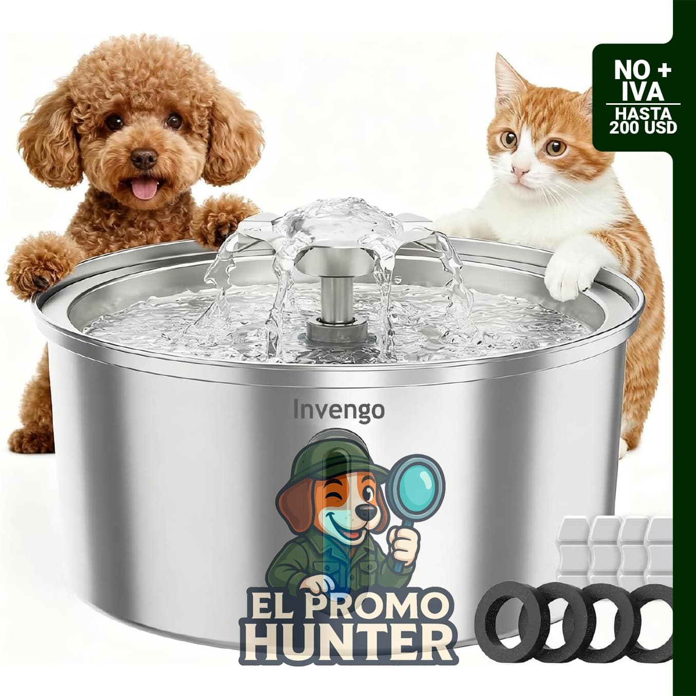 Invengo Fuente de agua para gatos de acero inoxidable de 3.2L (108 oz), automática, incluye 4 filtros.