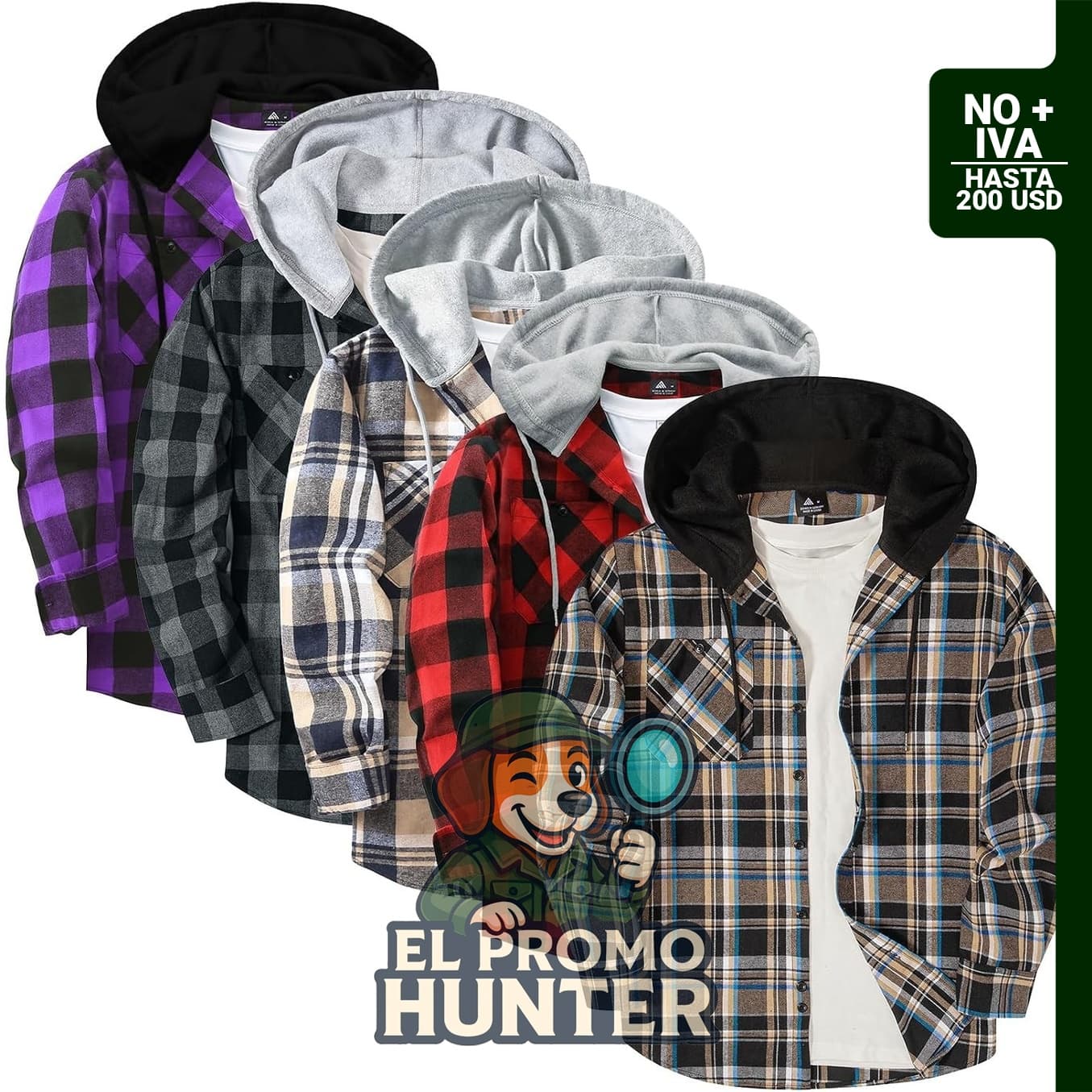 Paquete de 5 camisas de franela con capucha para hombre, manga larga, a cuadros, con bolsillo.