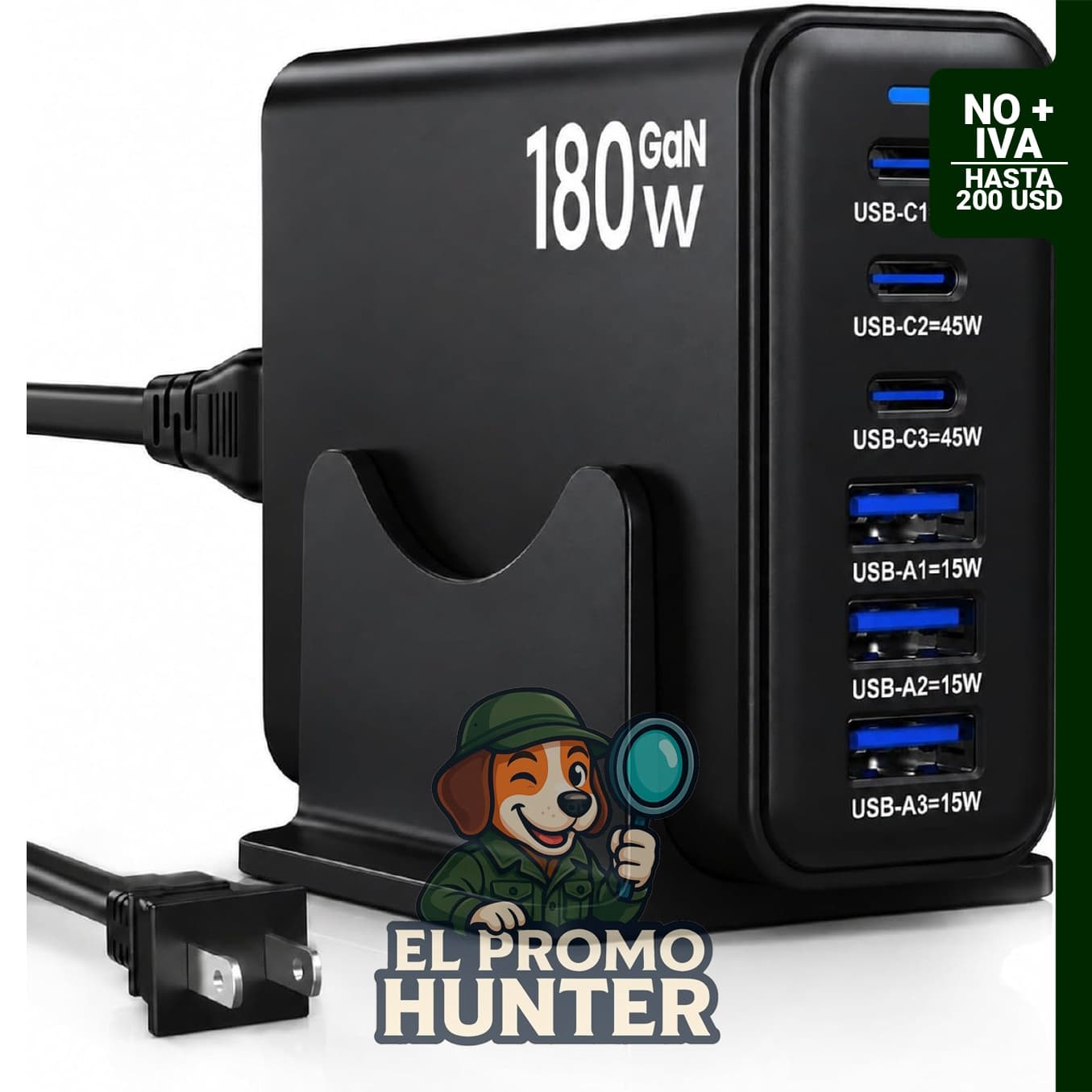 Estación de carga USB C GaN de 180W, cargador de escritorio con 6 puertos.