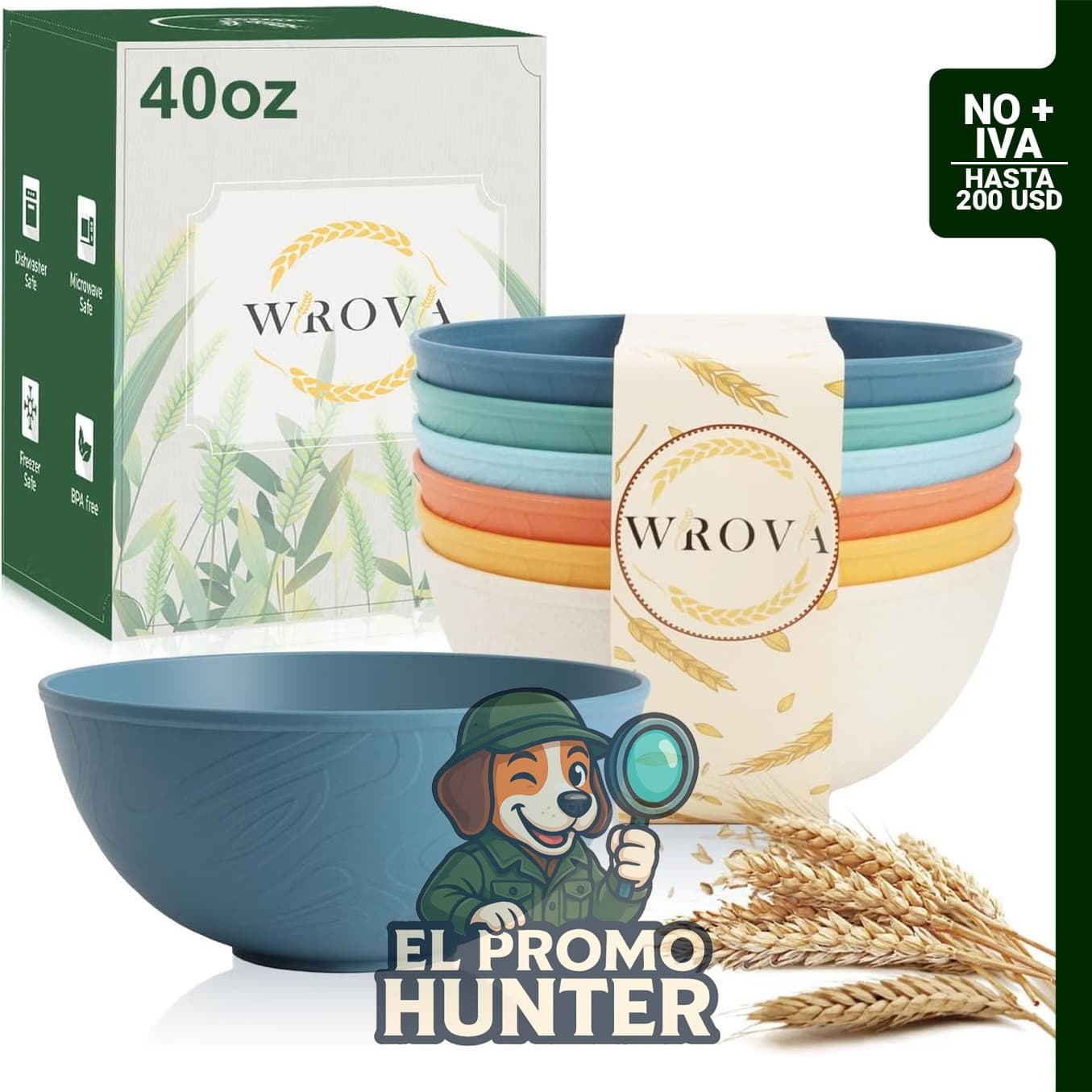 Juego de 6 cuencos de paja de trigo, 40 oz, aptos para microondas y lavavajillas.