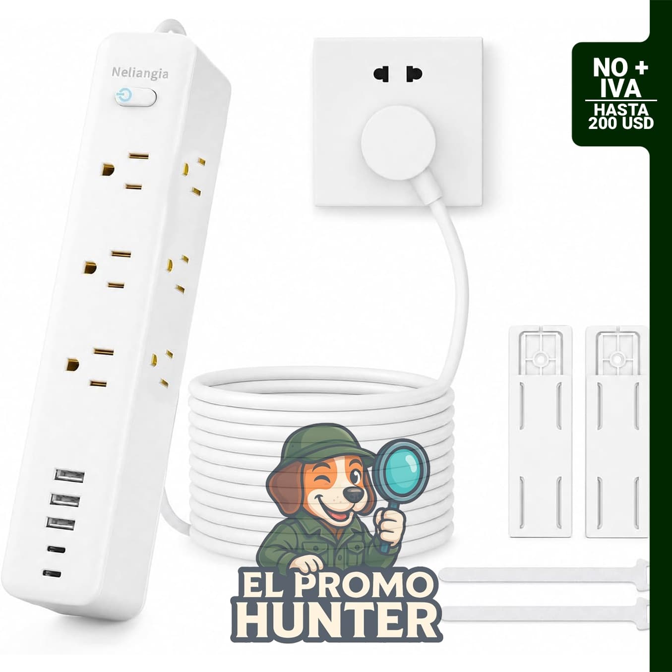 Regleta de protección Neliangia con 9 salidas y 5 puertos USB (2 USB C), cable de 10 pies.
