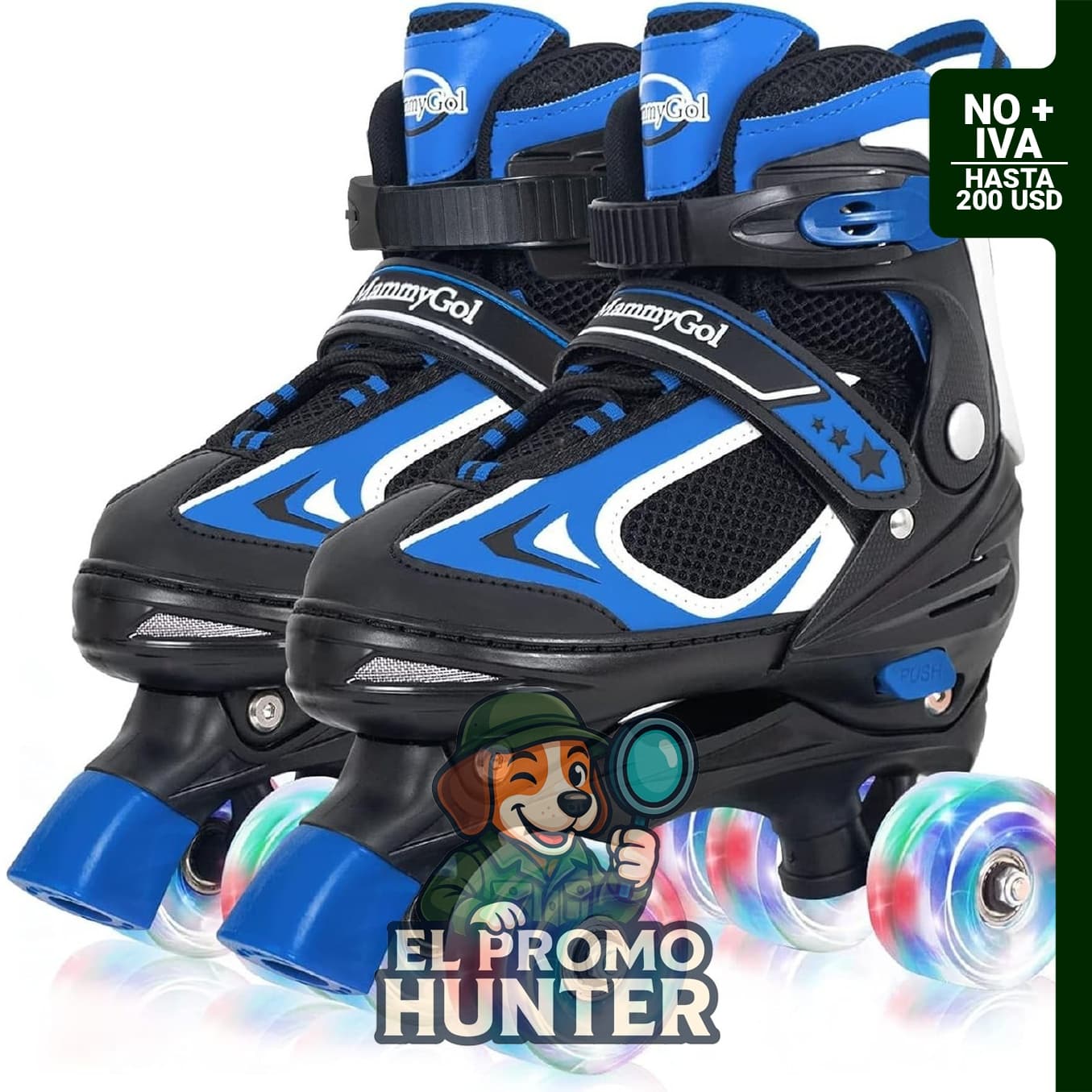 MammyGol Patines cuádruples ajustables para niños, con ruedas iluminadas y protección completa.