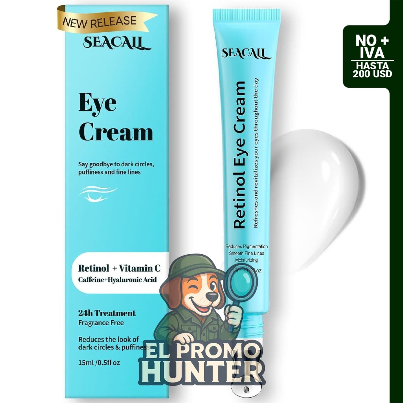 Crema de ojos con retinol, cafeína y ácido hialurónico para líneas.