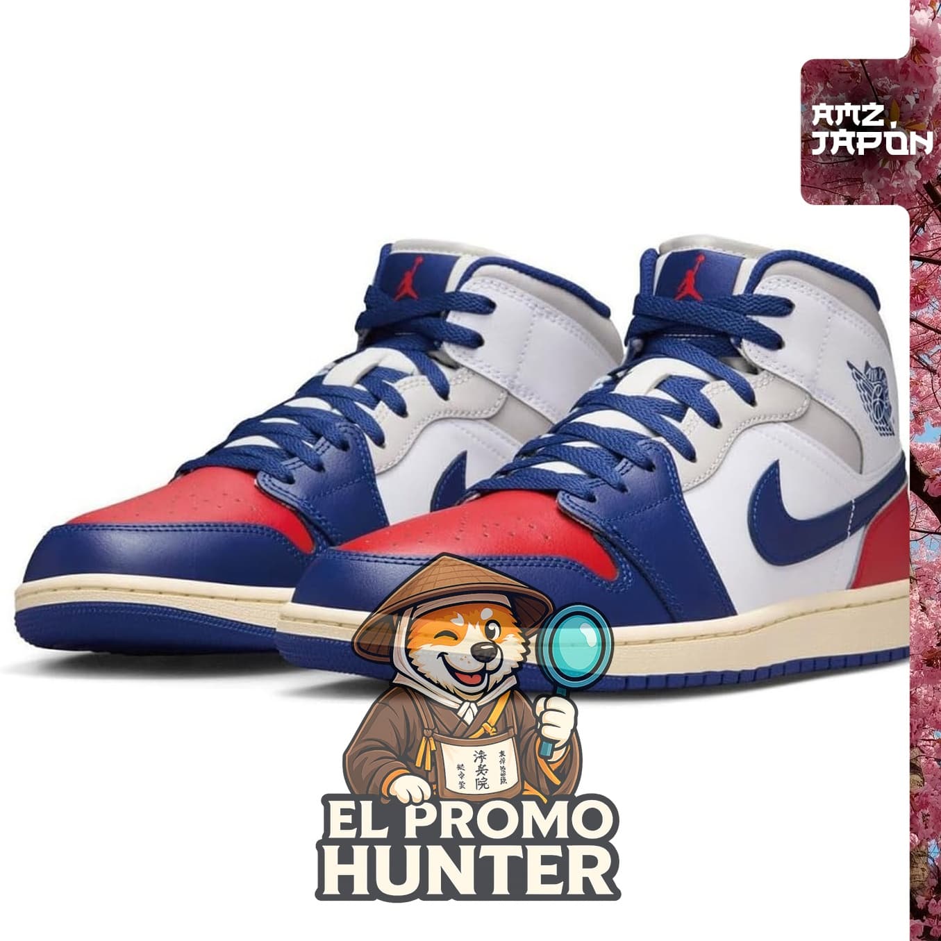 Nike Air Jordan 1 Mid, modelo DQ8426-102, en colores blanco, rojo universitario, gris neutro y azul real.