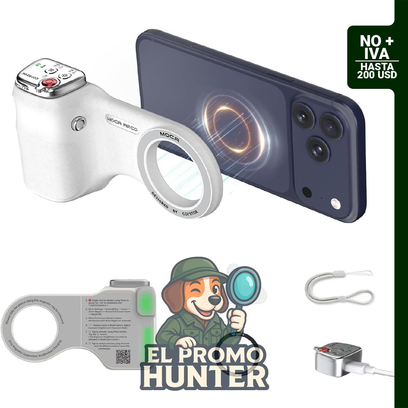 COMITOK Agarre para cámara de teléfono MOCA ARCO, compatible con iPhone Pro Max y iOS 17/18/26.