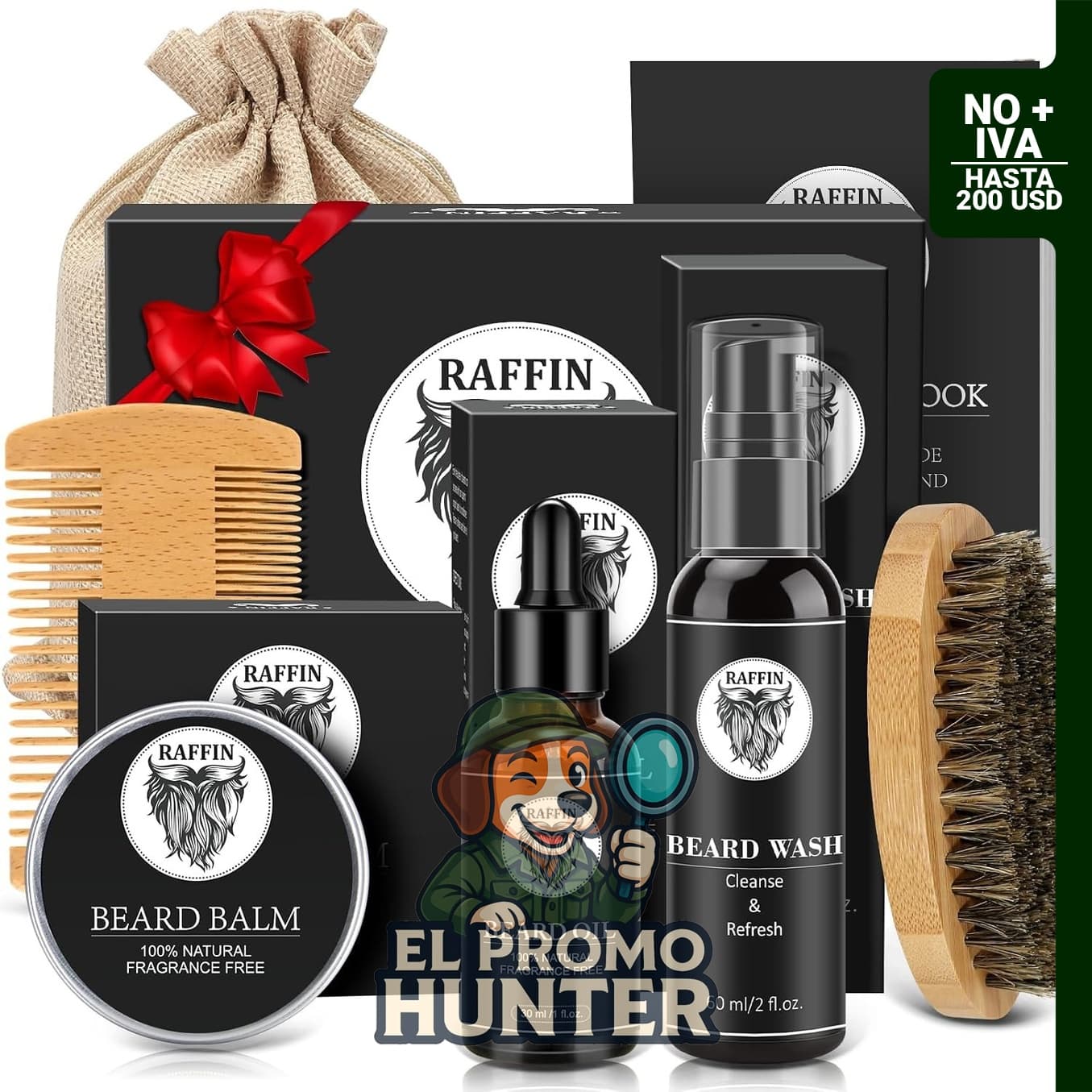 Kit de aseo de barba para hombres con aceite, cera, cepillo, peine y bolsa de almacenamiento.