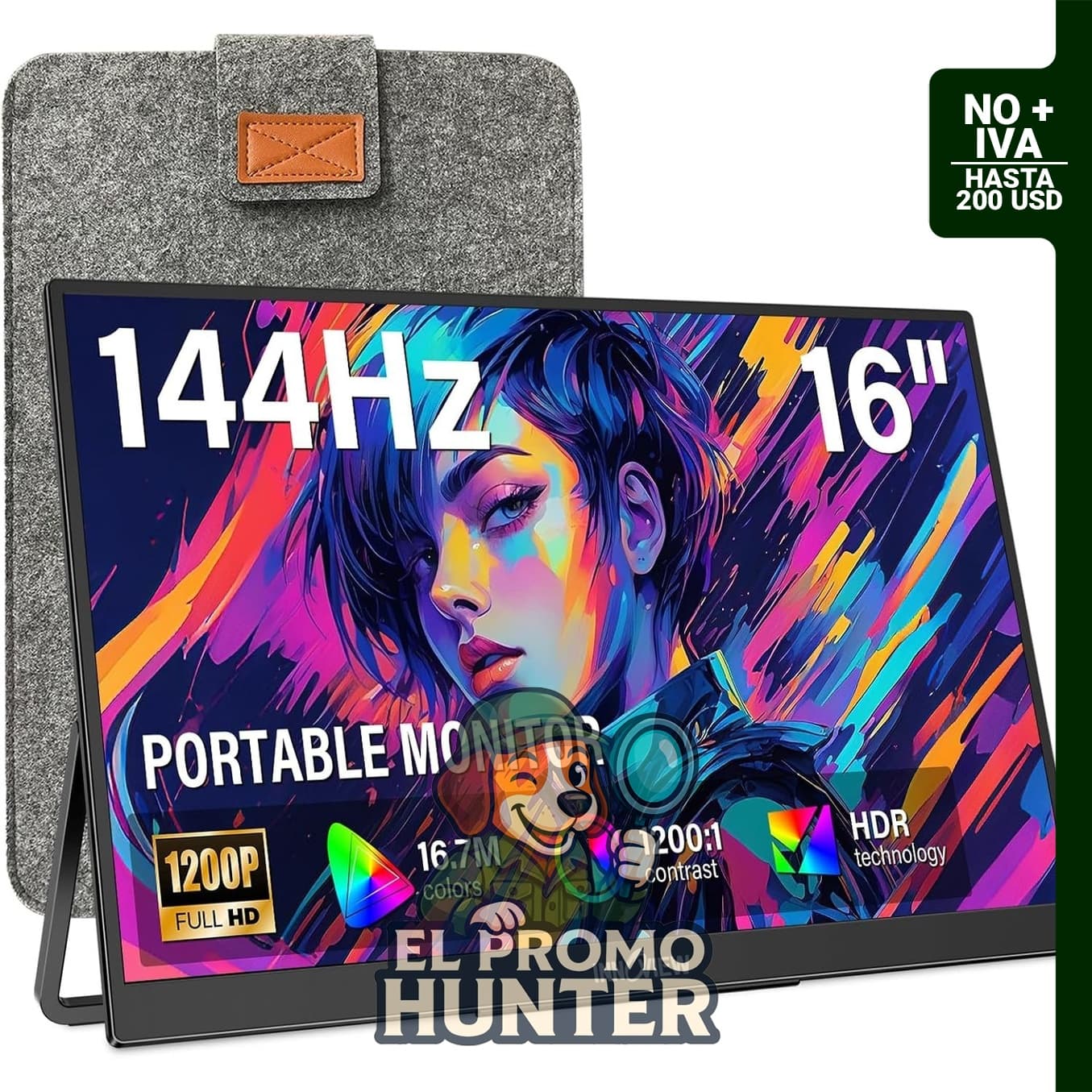InnoView Monitor portátil de 16" (40.6 cm) 144Hz, FHD 1200P, con funda protectora, compatible con laptops y consolas.
