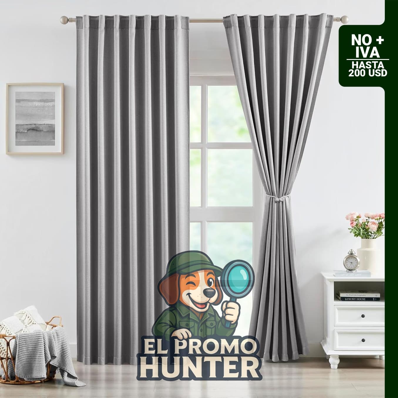 Cortinas opacas de jacquard gris con 90% de oscurecimiento, diseño con bolsillo para varilla y pestañas traseras.