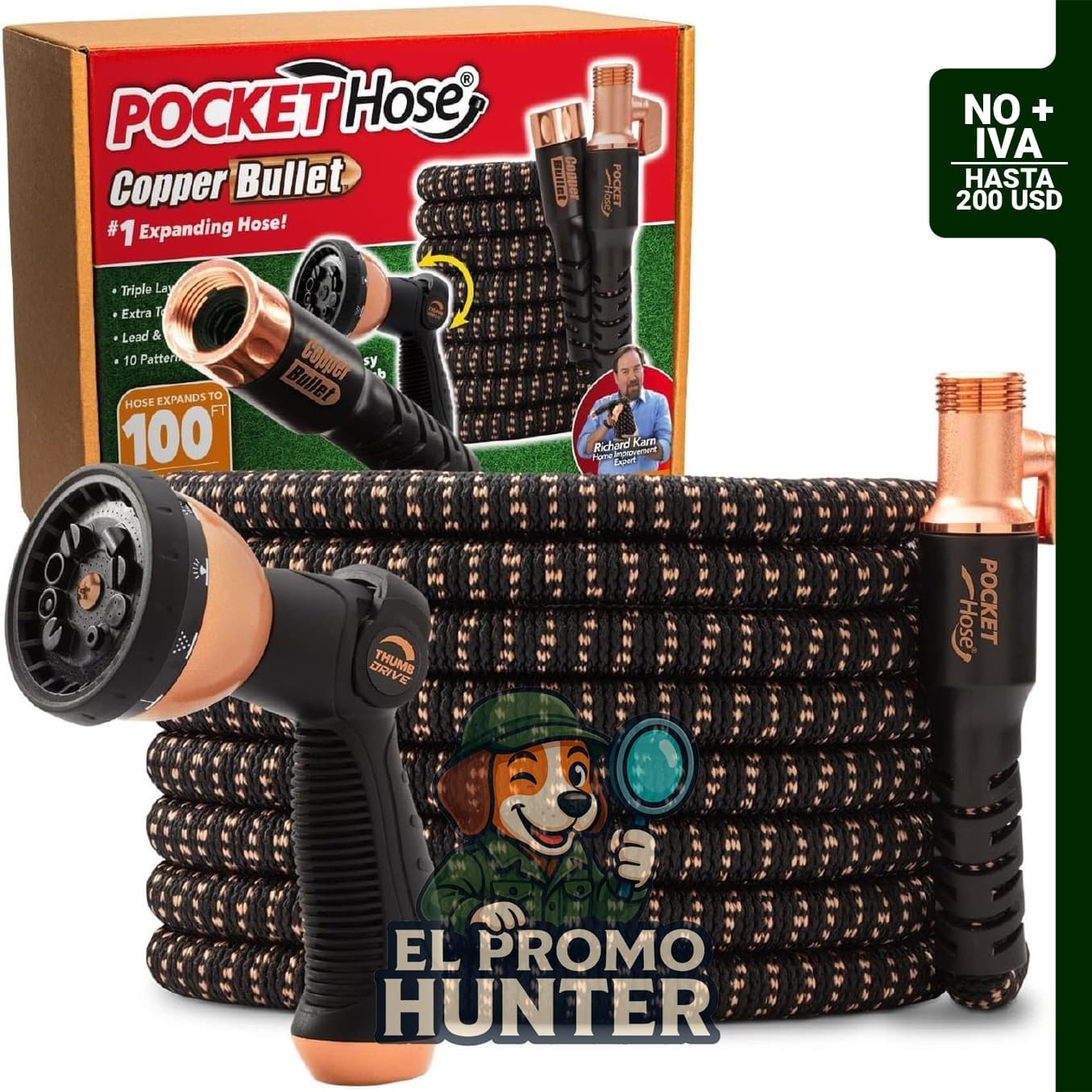 Pocket Hose Copper Bullet manguera de jardín expandible de cobre con boquilla de pulverización de 10 patrones.