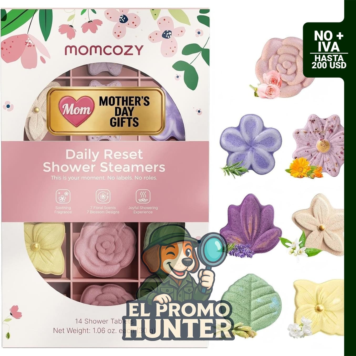 Momcozy Paquete de 14 vaporizadores de ducha de aromaterapia con 7 aromas florales.