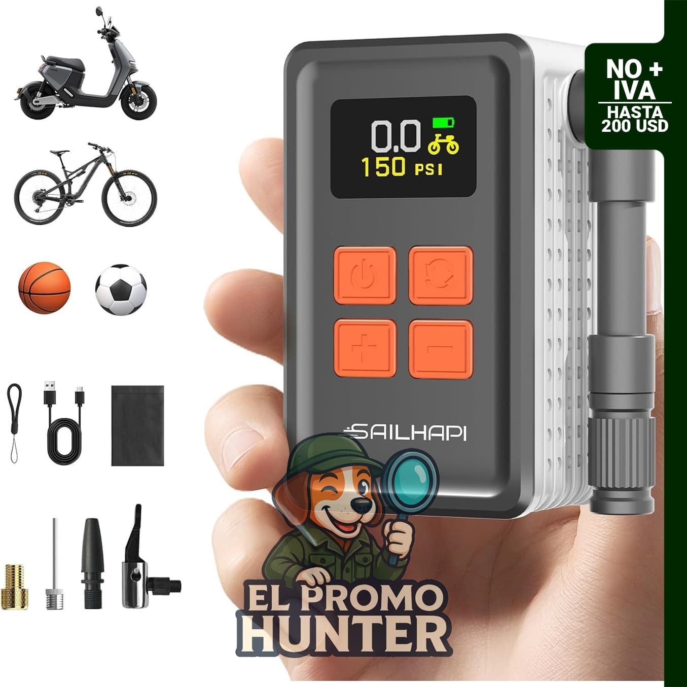 Mini bomba de neumáticos eléctrica para bicicleta, inflado rápido hasta 150 PSI, compatible con válvula Presta y Schrader.