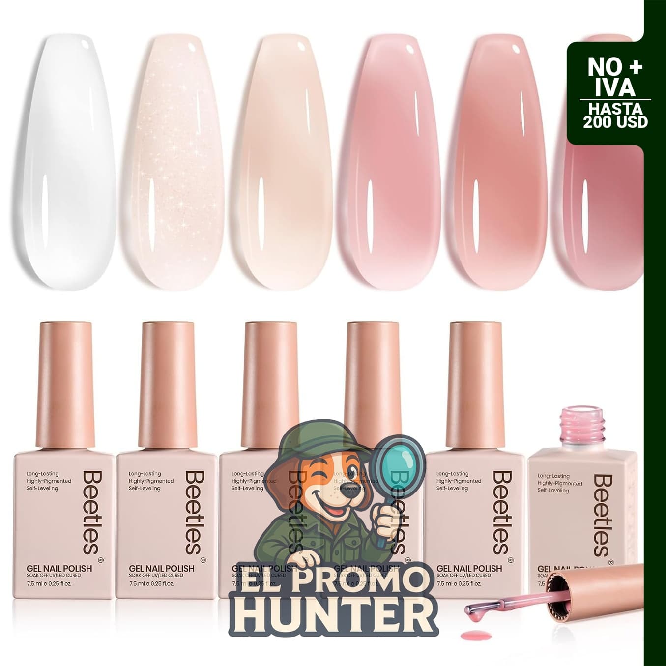 beetles Gel Polish Whispers of Love Jelly - Kit de 6 esmaltes de uñas de gel UV en colores blanco lechoso, nude, rosa, neutro, transparente y translúcido.